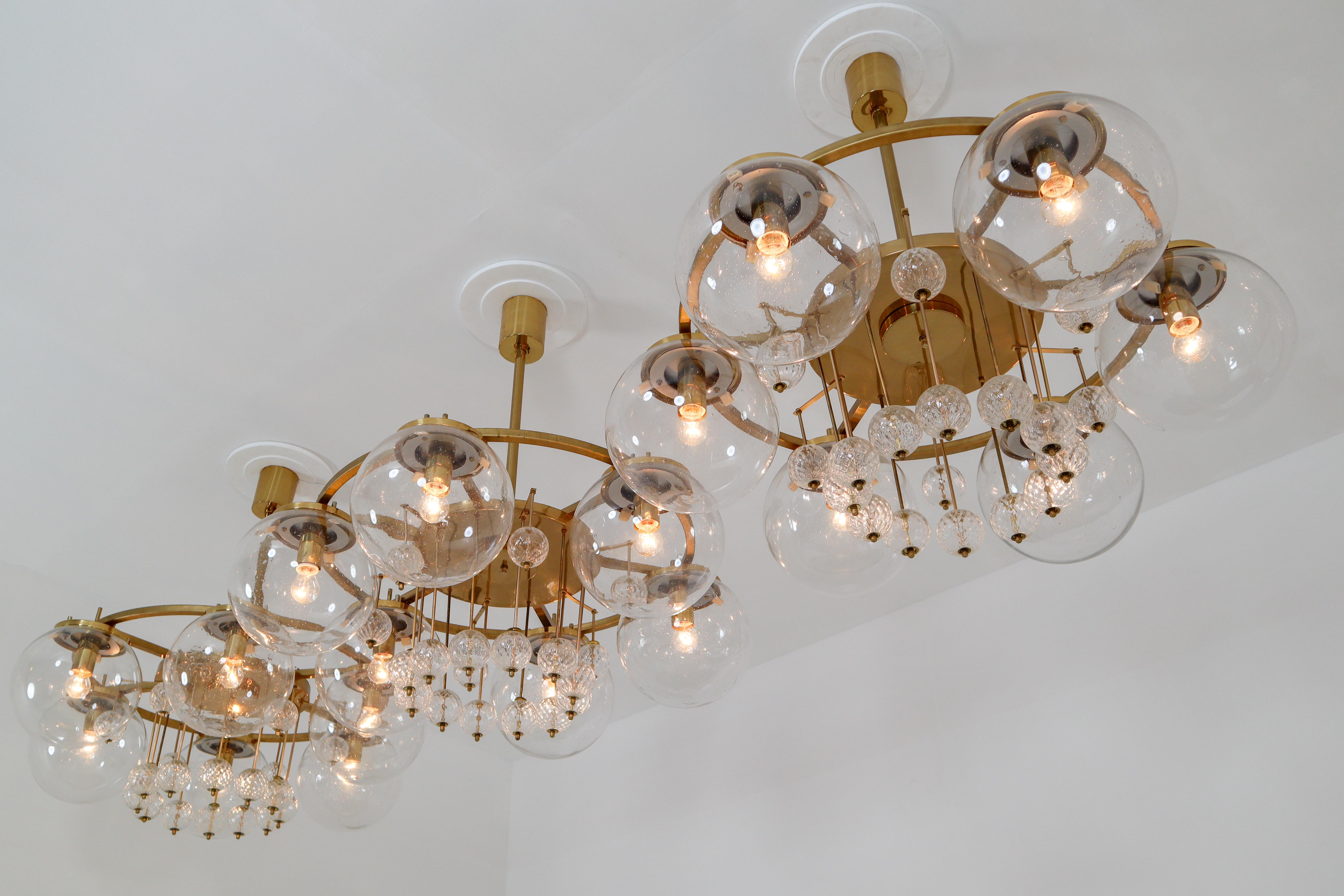 Set of Three Large Hotel Chandeliers, in Brass and Glass, European, 1970s 9