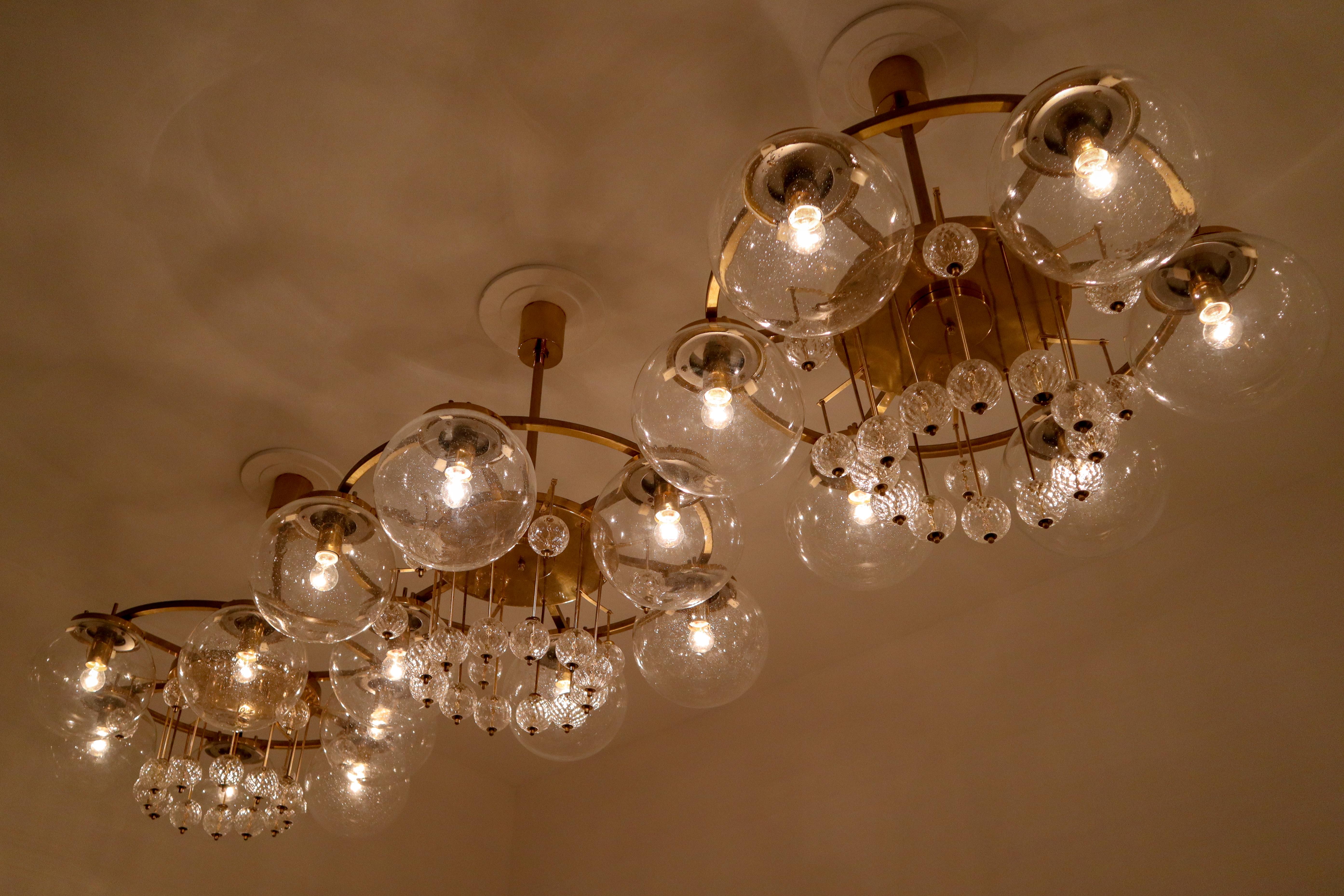 Mid-Century Modern Set of Three Large Hotel Chandeliers, in Brass and Glass, European, 1970s