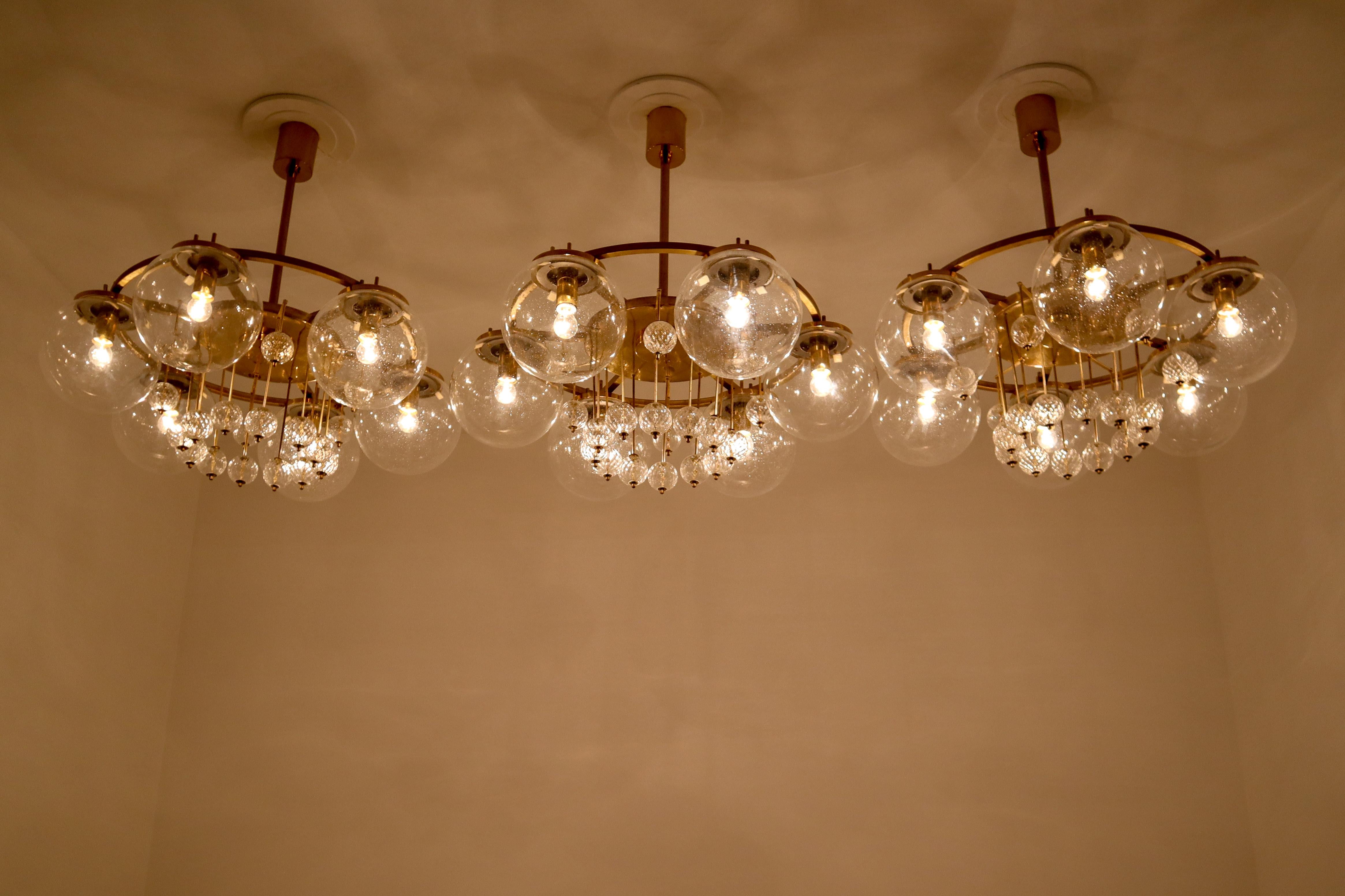 Set of Three Large Hotel Chandeliers, in Brass and Glass, European, 1970s In Good Condition In Almelo, NL