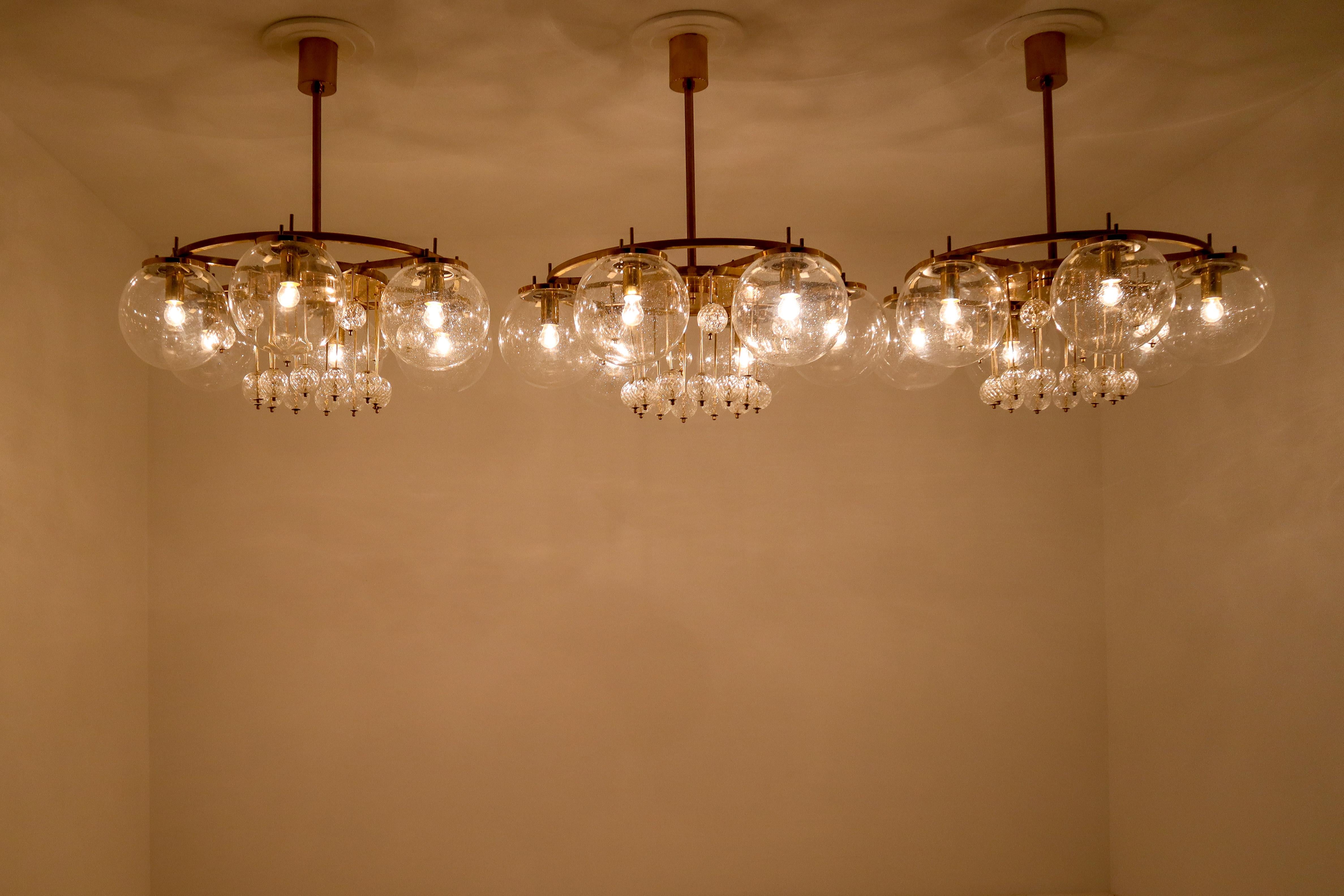 20th Century Set of Three Large Hotel Chandeliers, in Brass and Glass, European, 1970s
