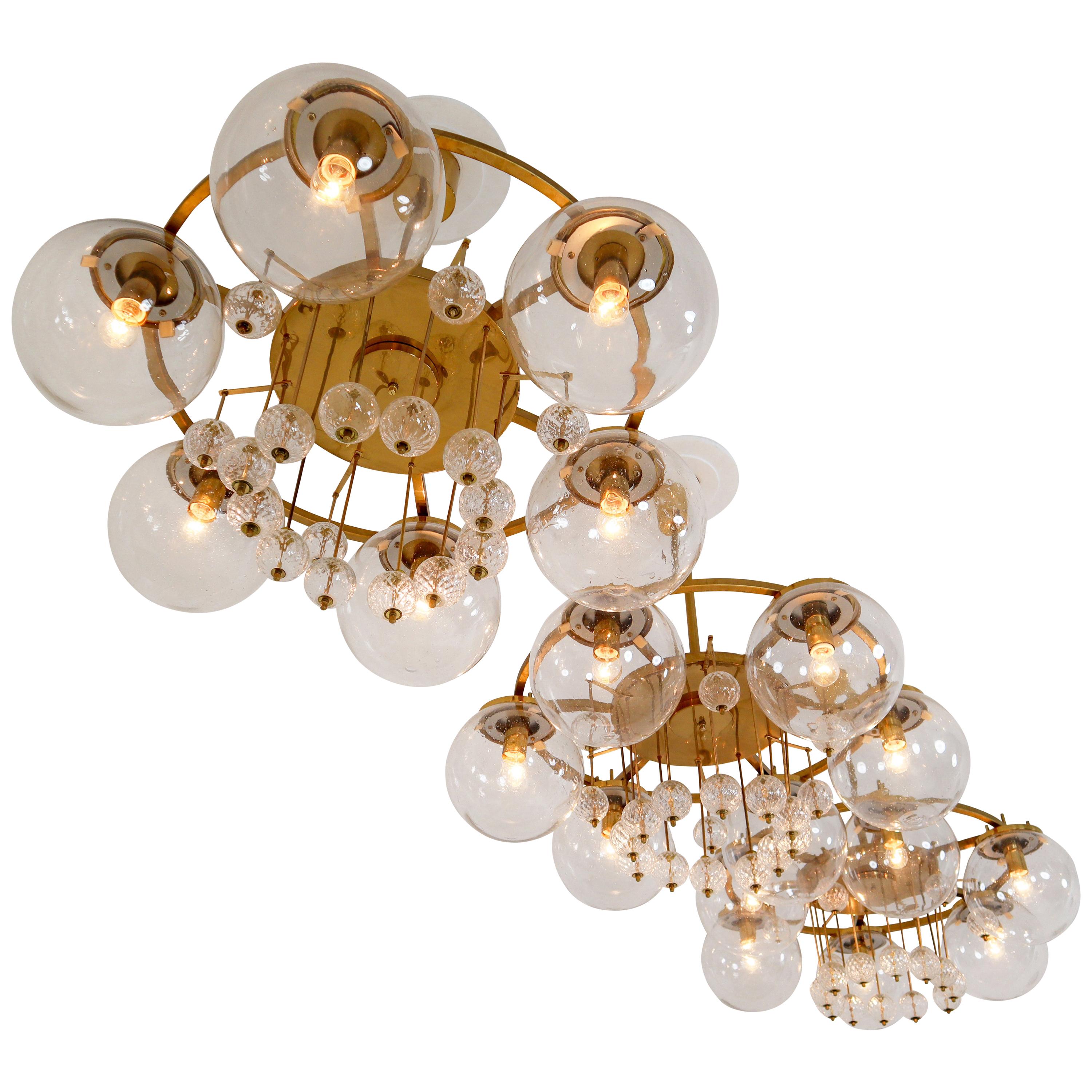 Set of Three Large Hotel Chandeliers, in Brass and Glass, European, 1970s