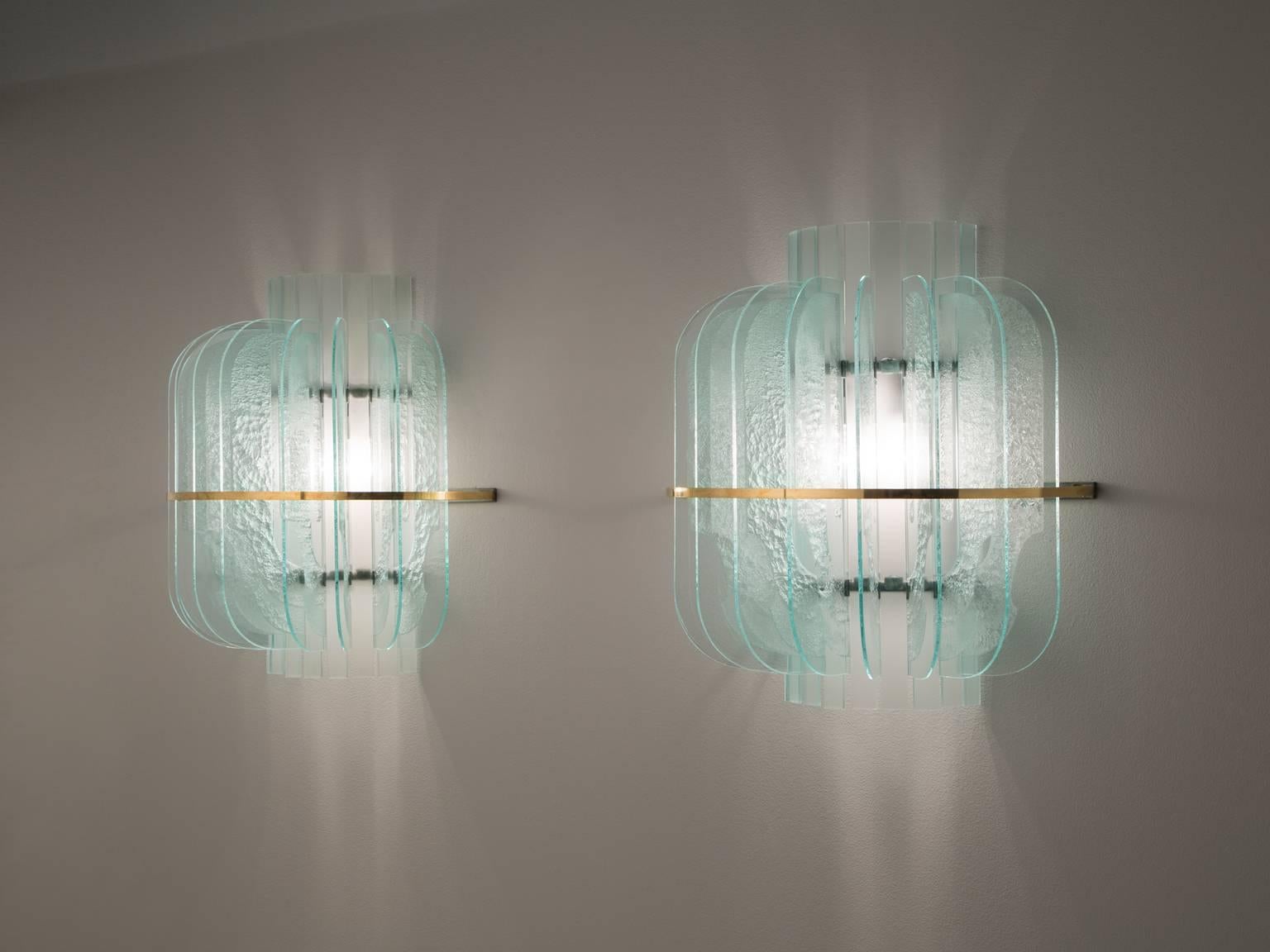 Mid-Century Modern Set of Three Large Italian Wall Lights with Brass Details