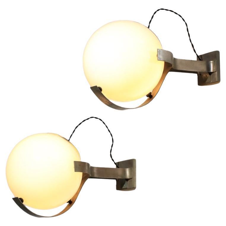 Set of three large Italian wall sconces with opaline glass globes from the 1960s