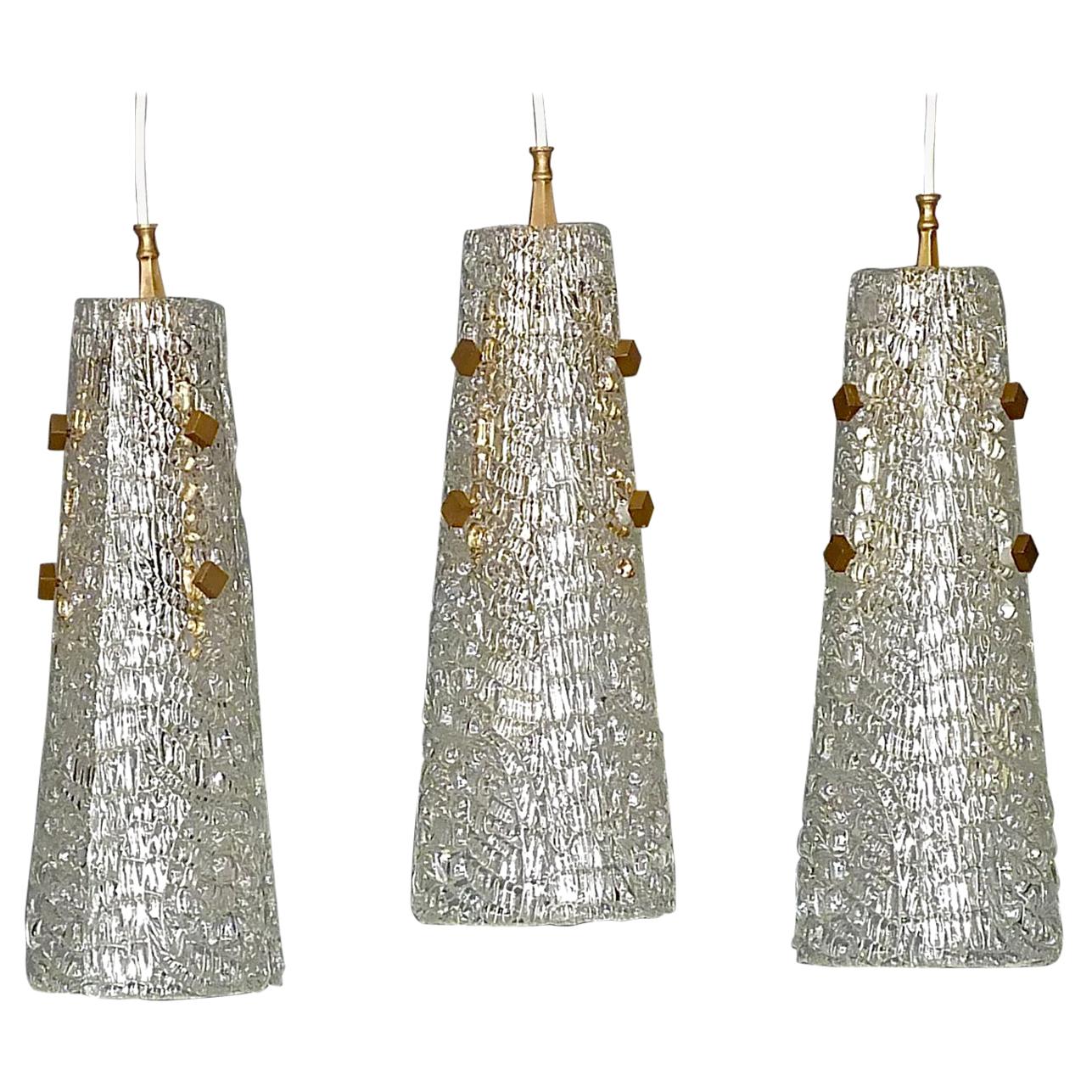Set of Three Large J.T. Kalmar Lights Lamps Textured Murano Ice Glass Brass 1950