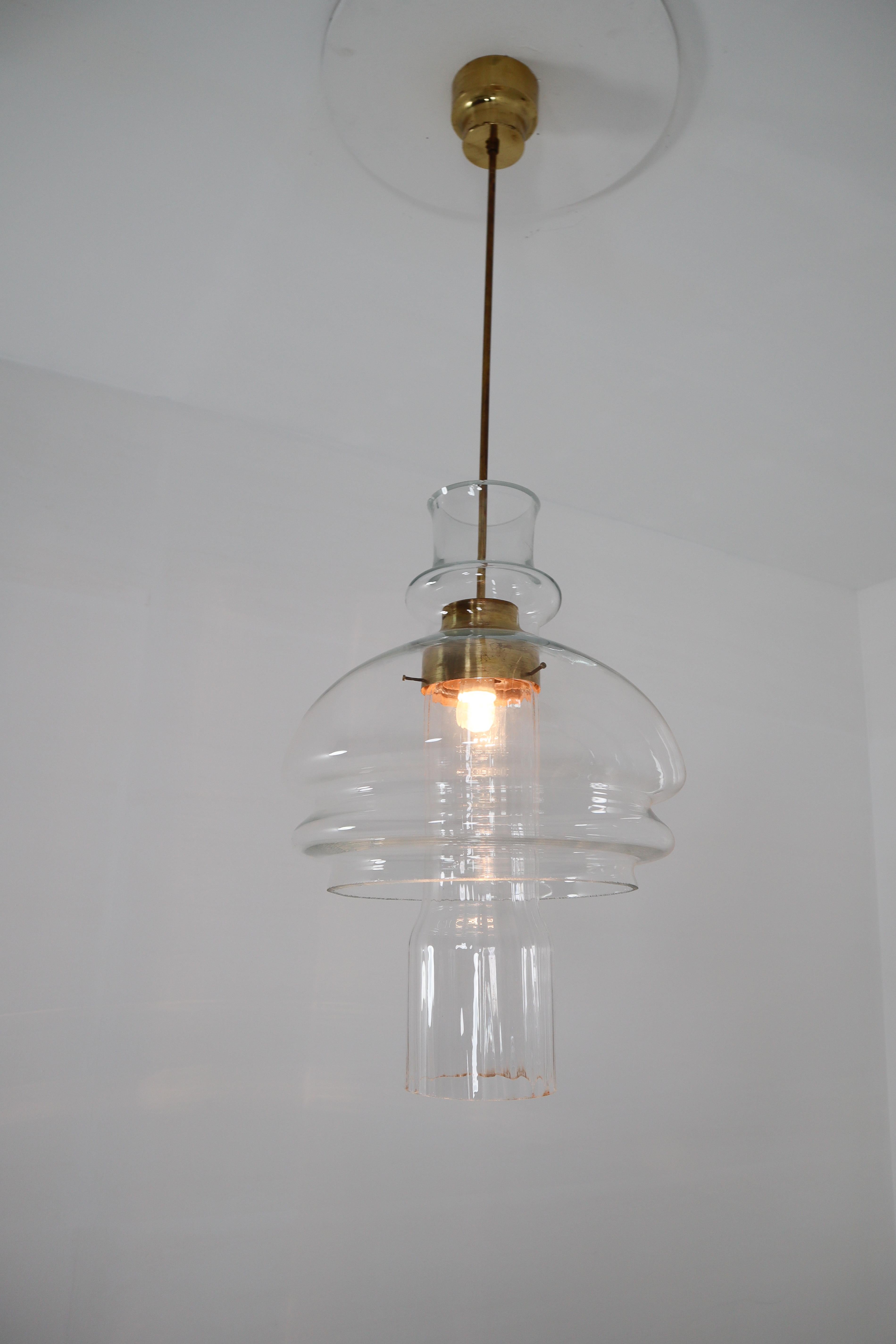 Mid-Century Modern  Large Midcentury Pendant, Clear Glass and Brass, Europe, 1960s
