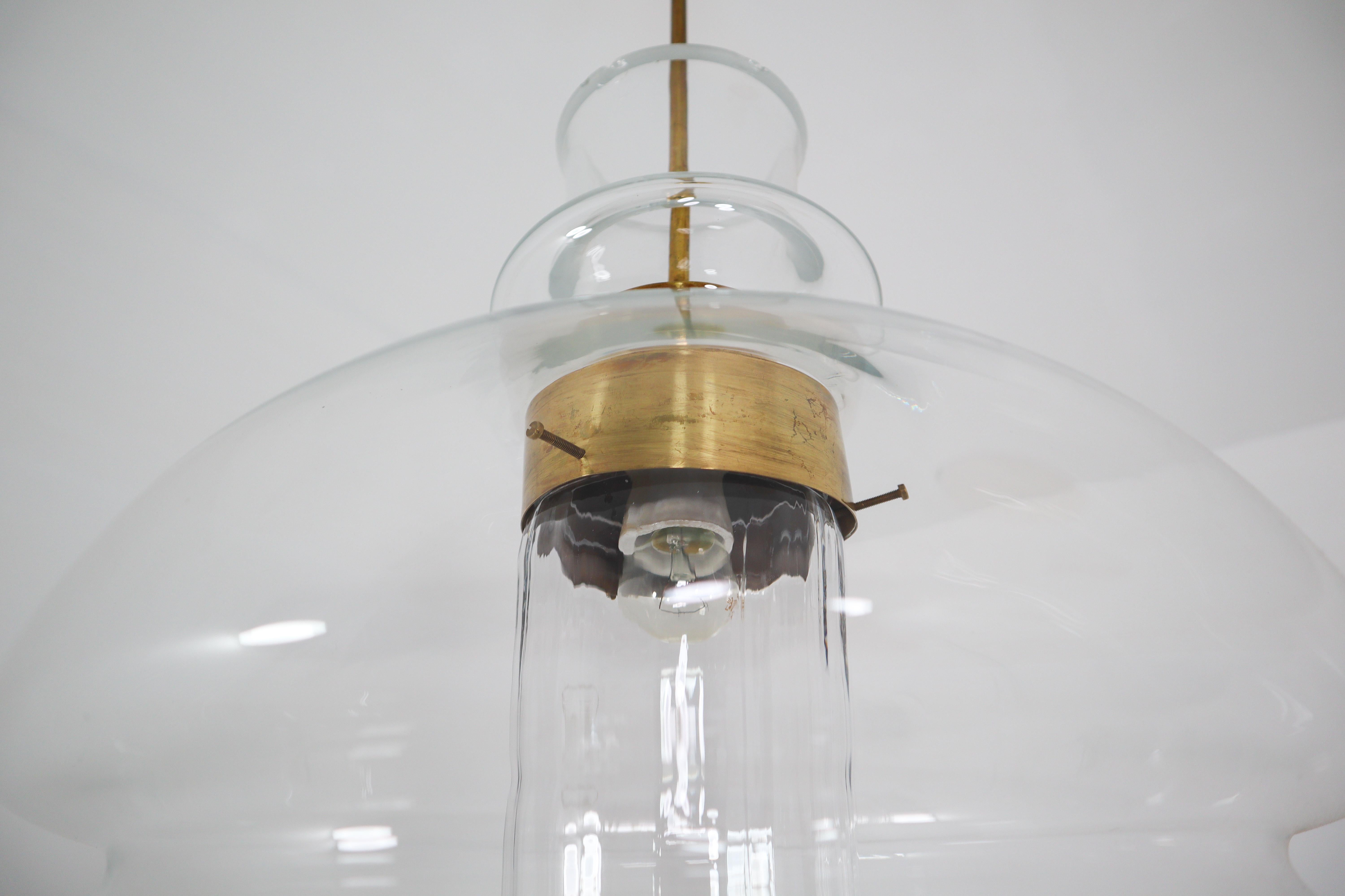  Large Midcentury Pendant, Clear Glass and Brass, Europe, 1960s In Good Condition In Almelo, NL
