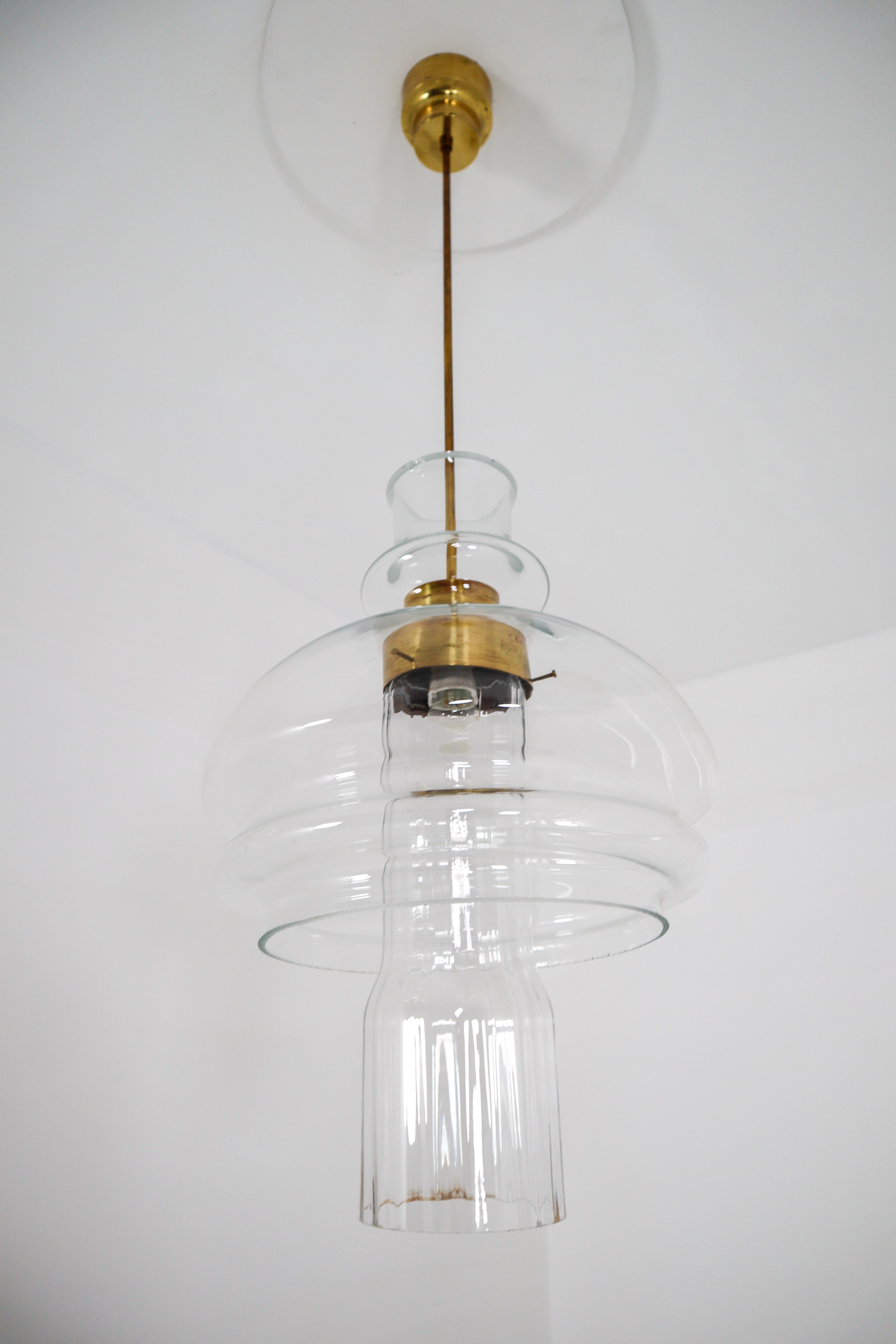 Mid-20th Century  Large Midcentury Pendant, Clear Glass and Brass, Europe, 1960s