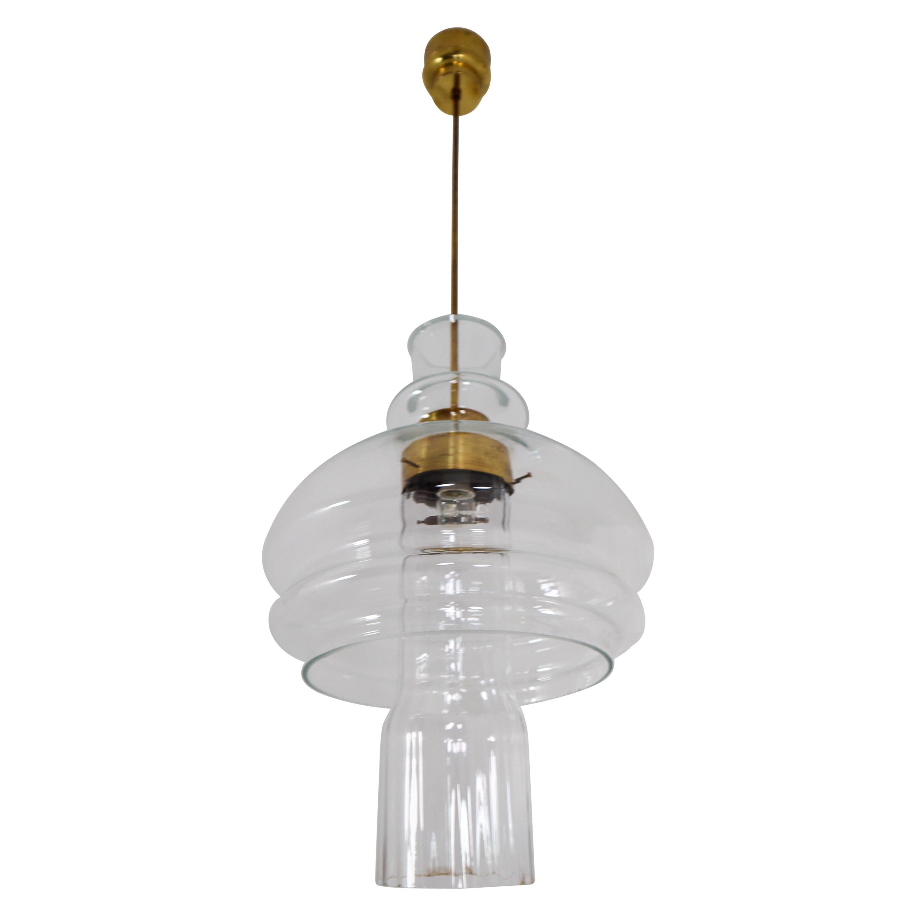  Large Midcentury Pendant, Clear Glass and Brass, Europe, 1960s
