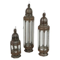 Vintage Set of Three Large Moroccan Moorish Clear Glass Lanterns