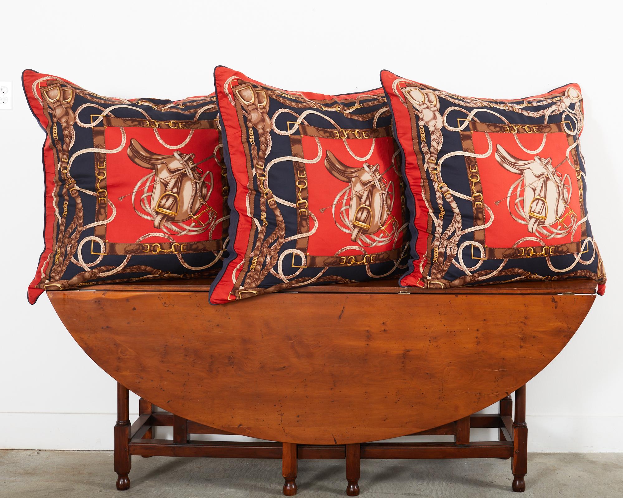 American Classical Set of Three Large Ralph Lauren Equestrian Silk Scarf Pillows For Sale