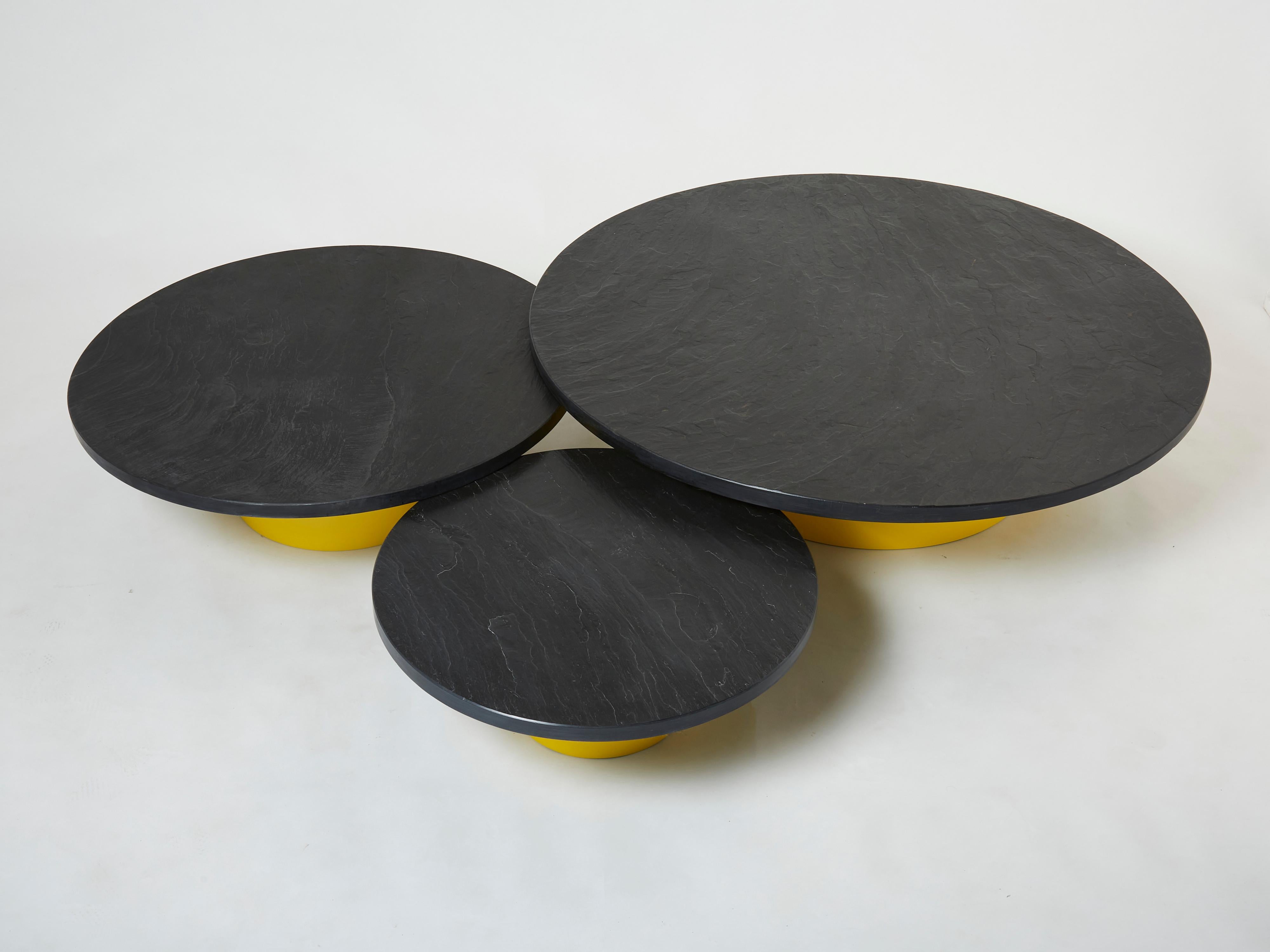 Set of Three Large Round Coffee Tables Yellow Lacquer Slate Tops 1970s For Sale 3