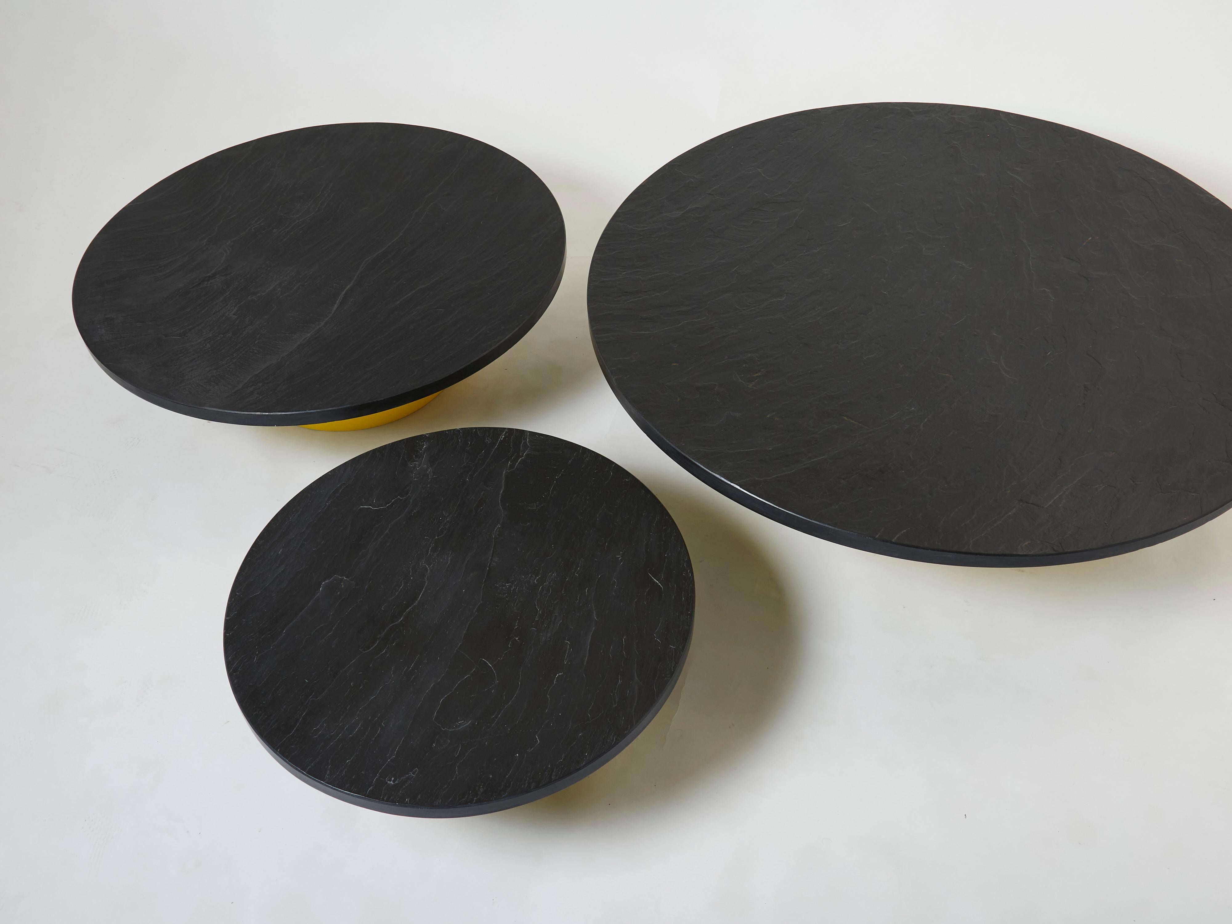 Set of Three Large Round Coffee Tables Yellow Lacquer Slate Tops 1970s For Sale 4