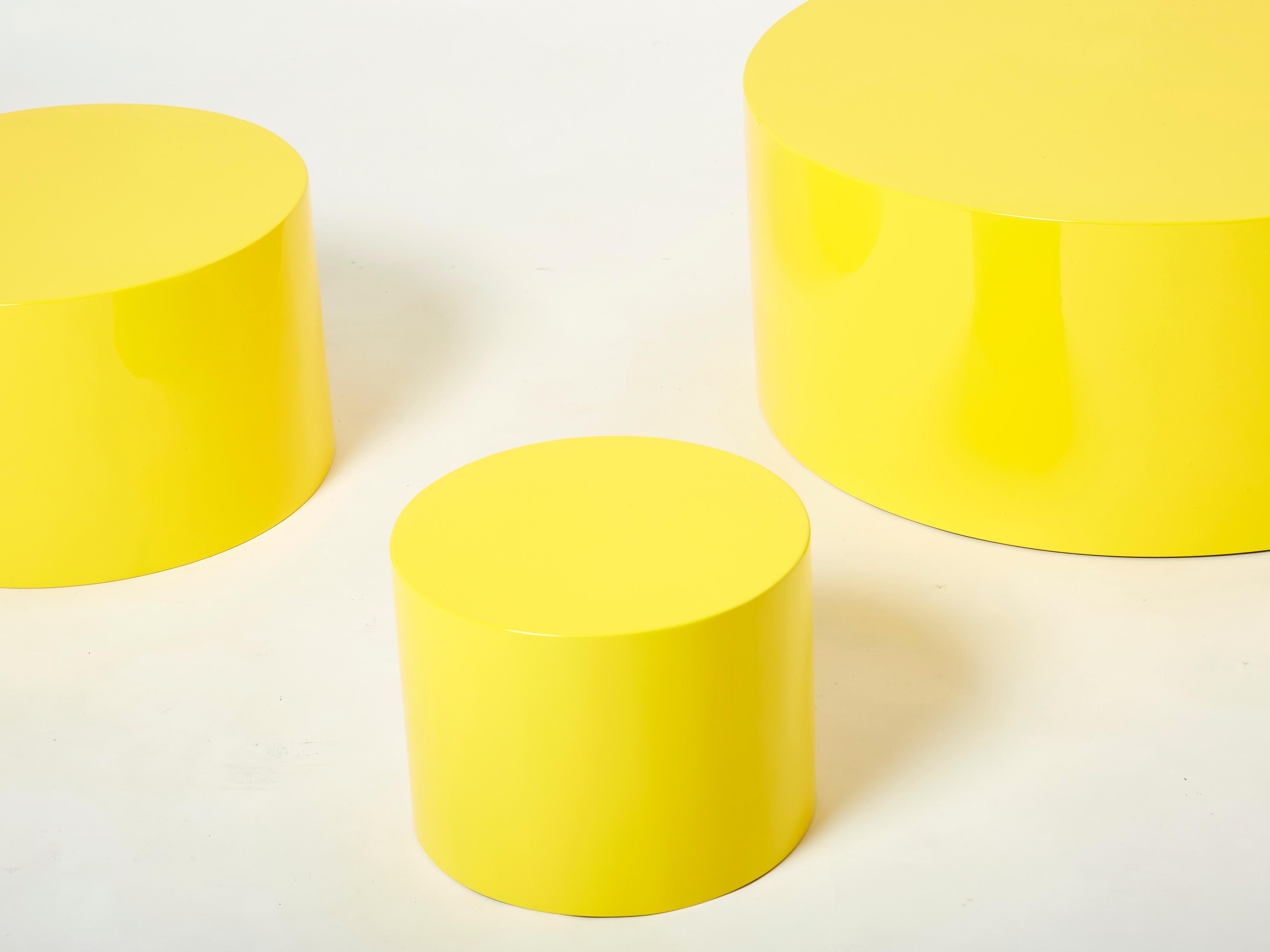 Set of Three Large Round Coffee Tables Yellow Lacquer Slate Tops 1970s For Sale 5