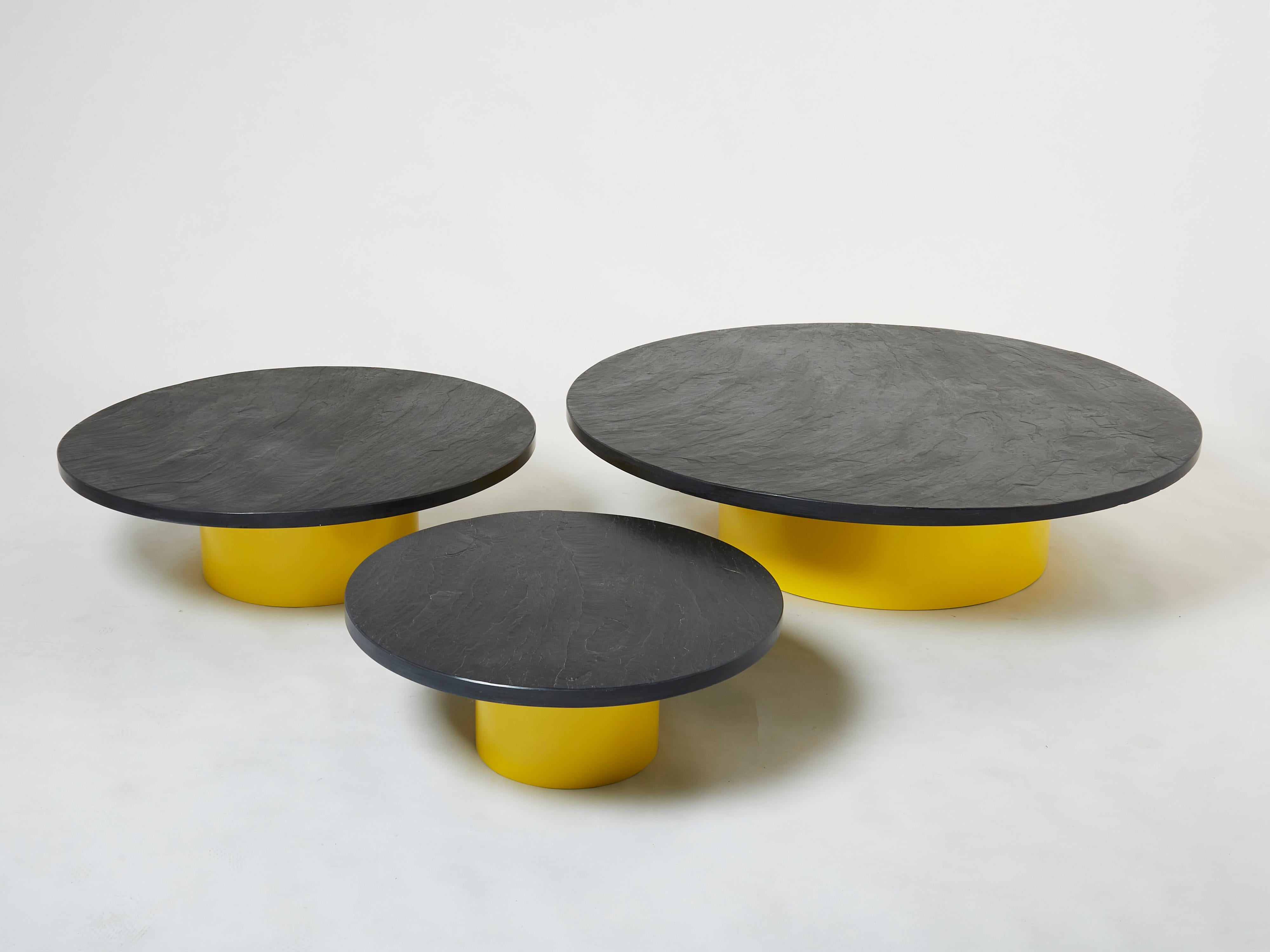 Mid-Century Modern Set of Three Large Round Coffee Tables Yellow Lacquer Slate Tops 1970s For Sale