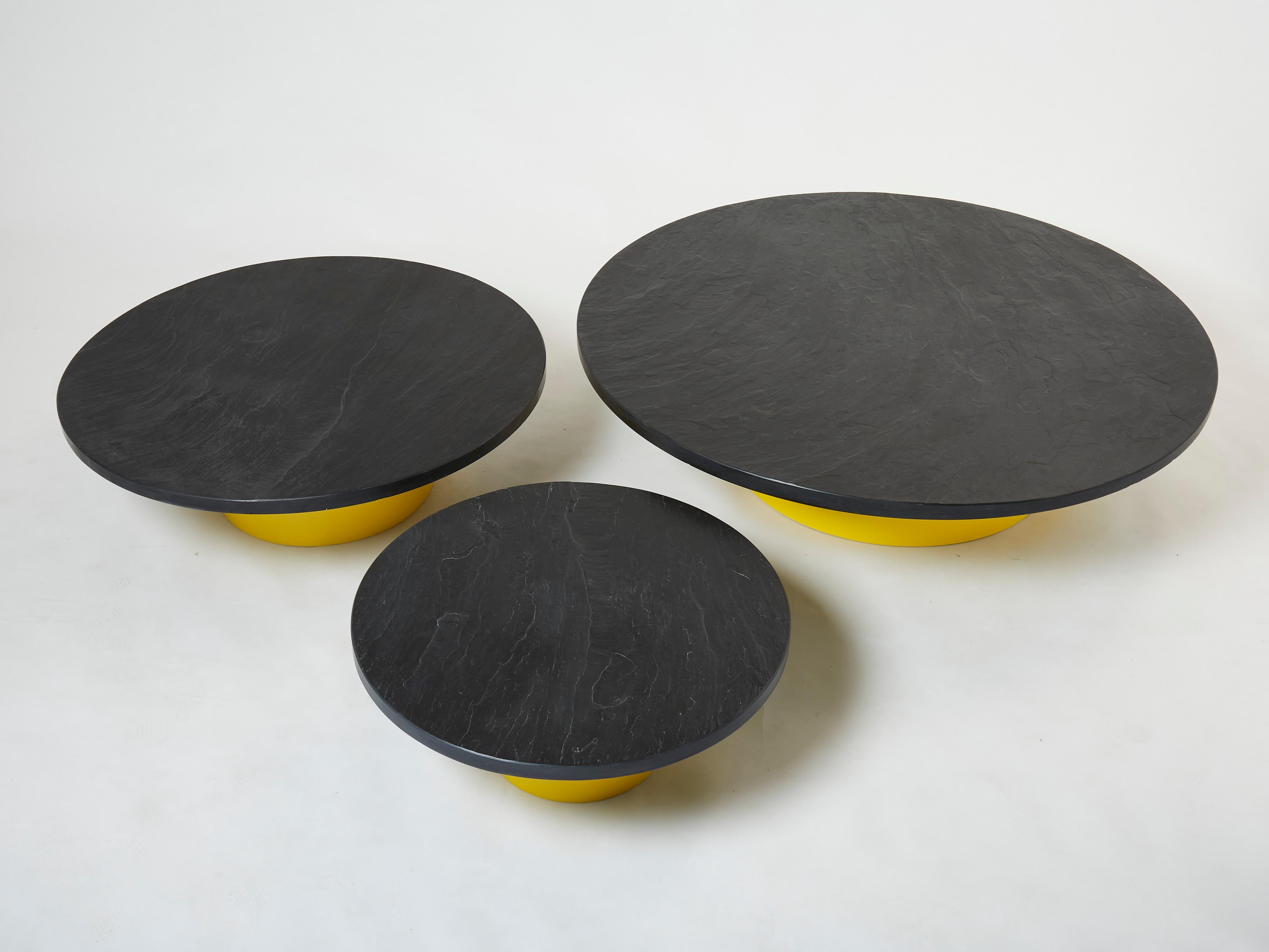 French Set of Three Large Round Coffee Tables Yellow Lacquer Slate Tops 1970s For Sale