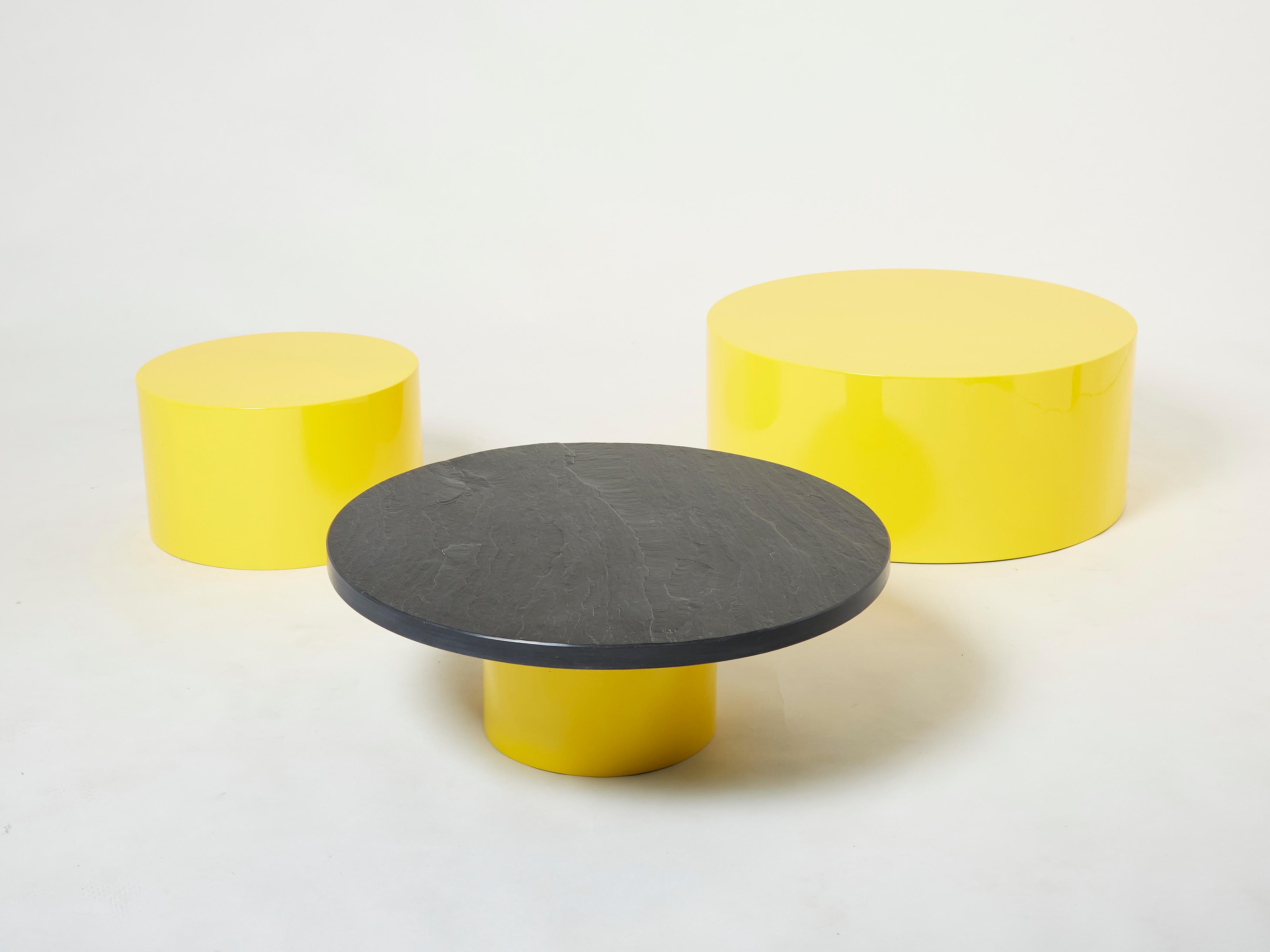 Set of Three Large Round Coffee Tables Yellow Lacquer Slate Tops 1970s For Sale 1