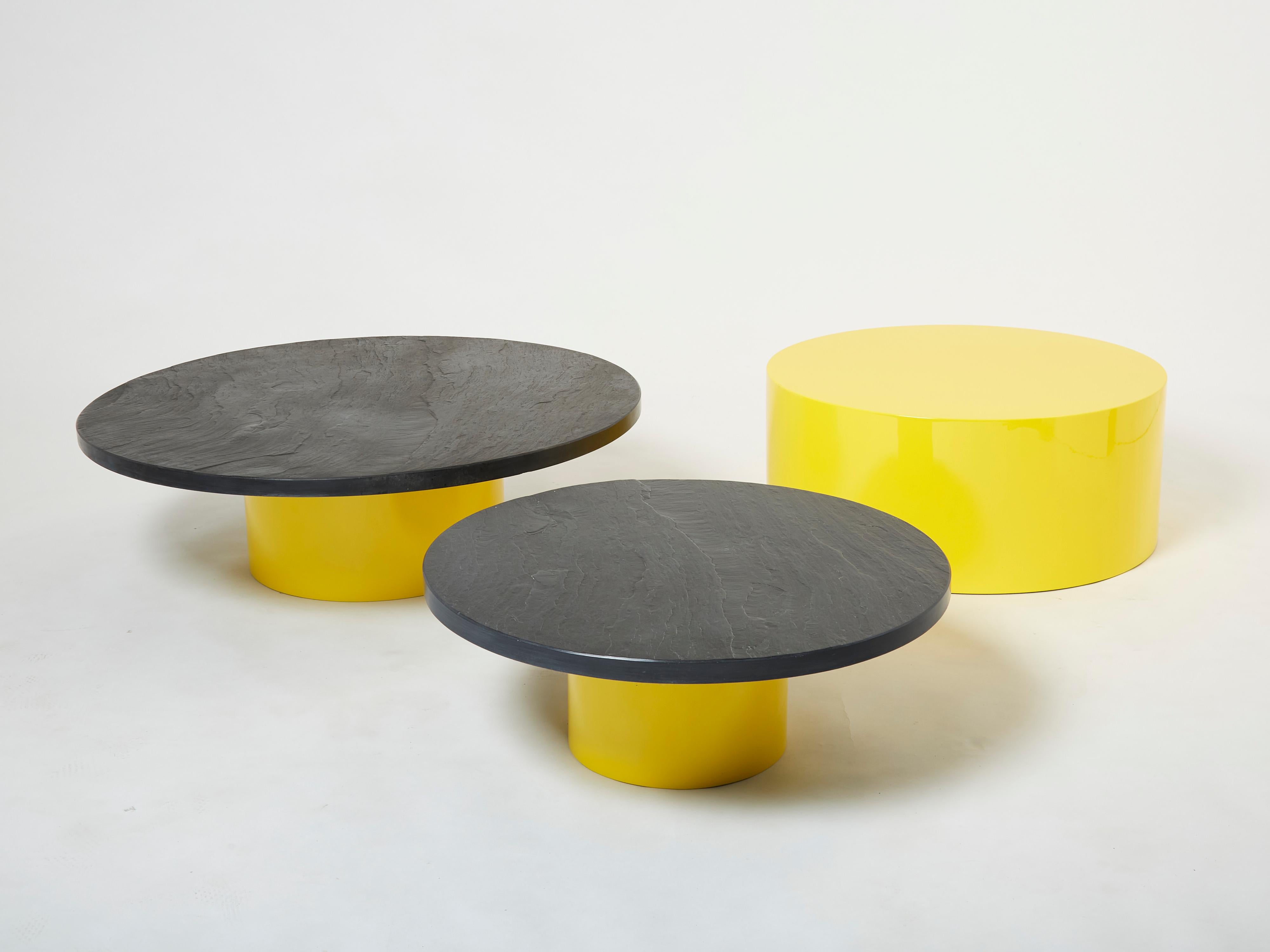 Set of Three Large Round Coffee Tables Yellow Lacquer Slate Tops 1970s For Sale 2