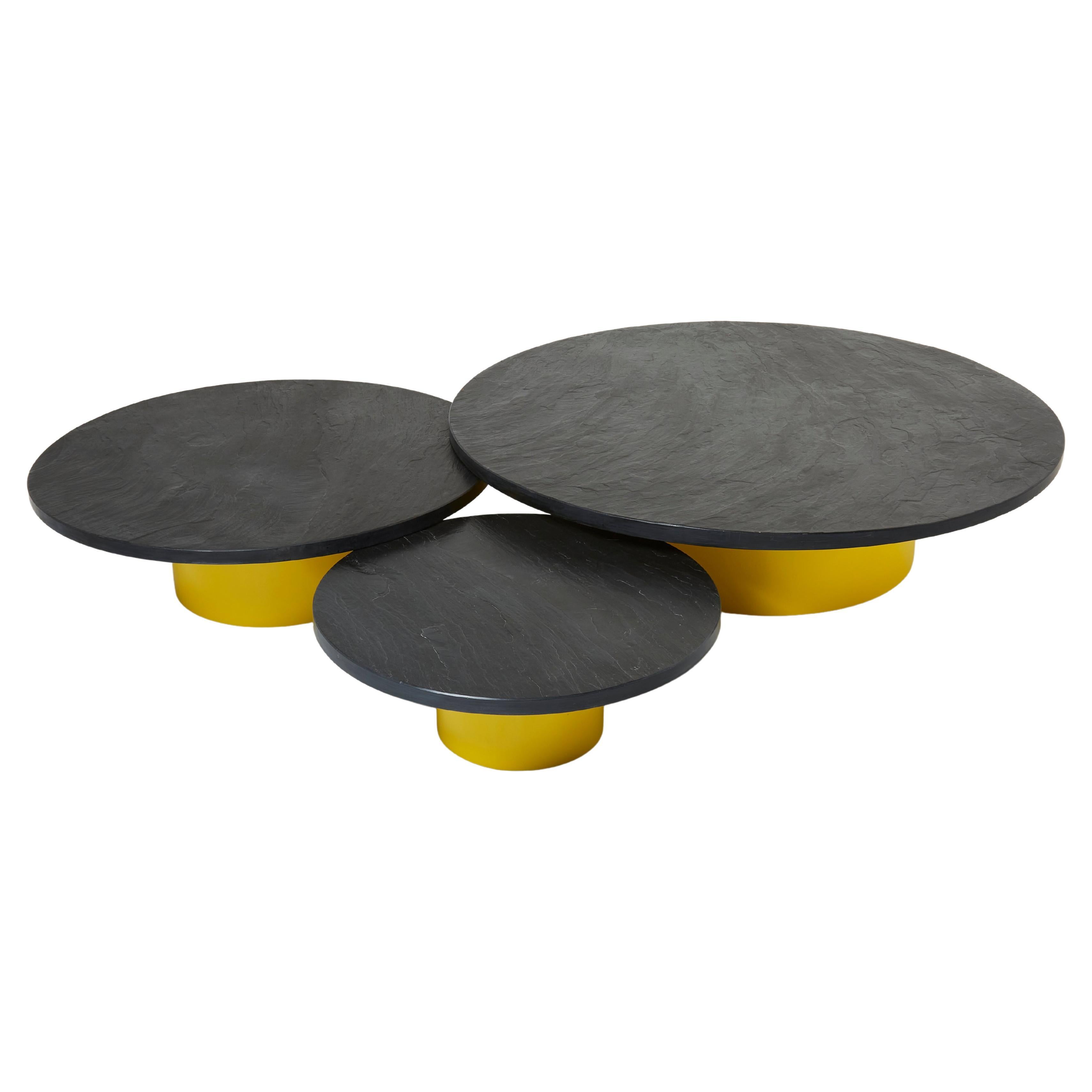 Set of Three Large Round Coffee Tables Yellow Lacquer Slate Tops 1970s