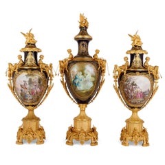 Set of Three Large Sèvres Style Porcelain Vases with Gilt Bronze Pedestals
