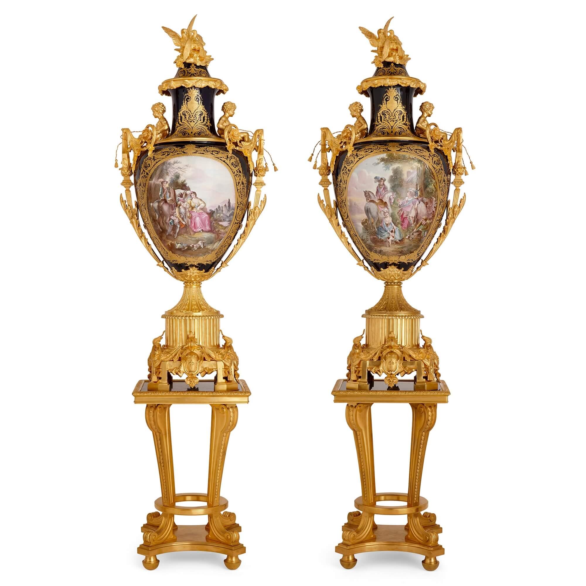 Neoclassical Set of Three Large Sèvres Style Porcelain Vases with Gilt Bronze Pedestals For Sale