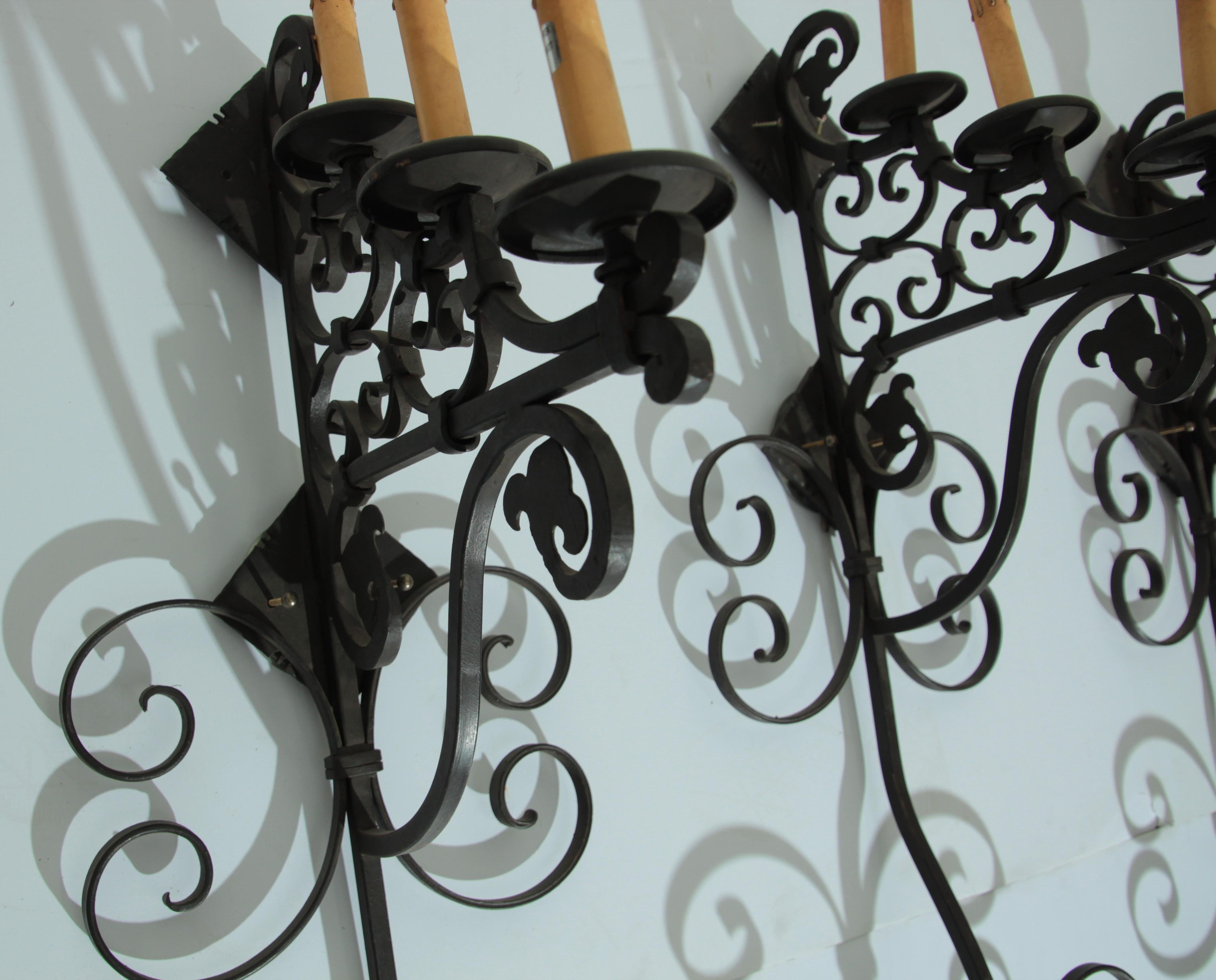 Set of Three Large Spanish Wrought Iron Wall Sconces with Three Lights 6