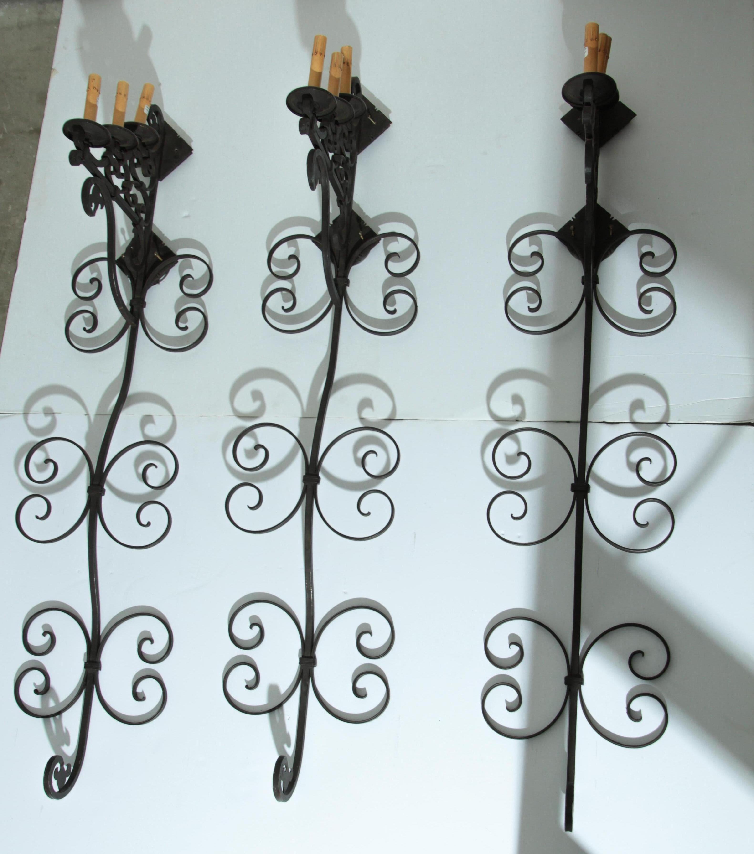 Set of Three Large Spanish Wrought Iron Wall Sconces with Three Lights 7
