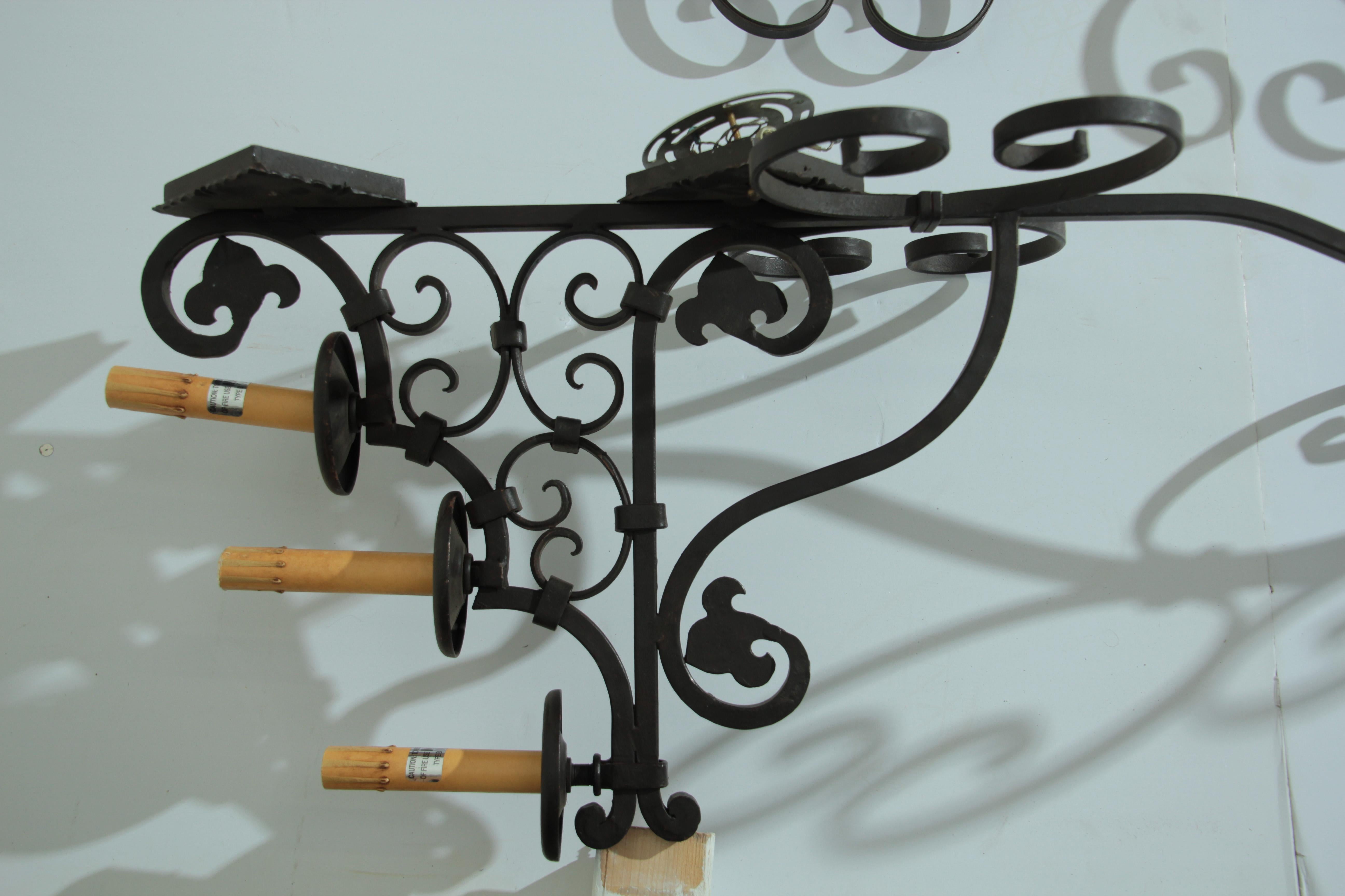 Set of Three Large Spanish Wrought Iron Wall Sconces with Three Lights 8