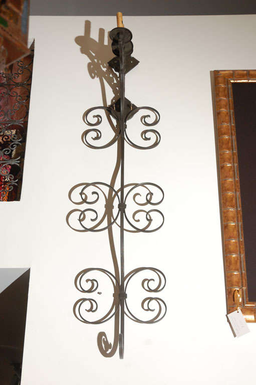 Hand-Crafted Set of Three Large Spanish Wrought Iron Wall Sconces with Three Lights