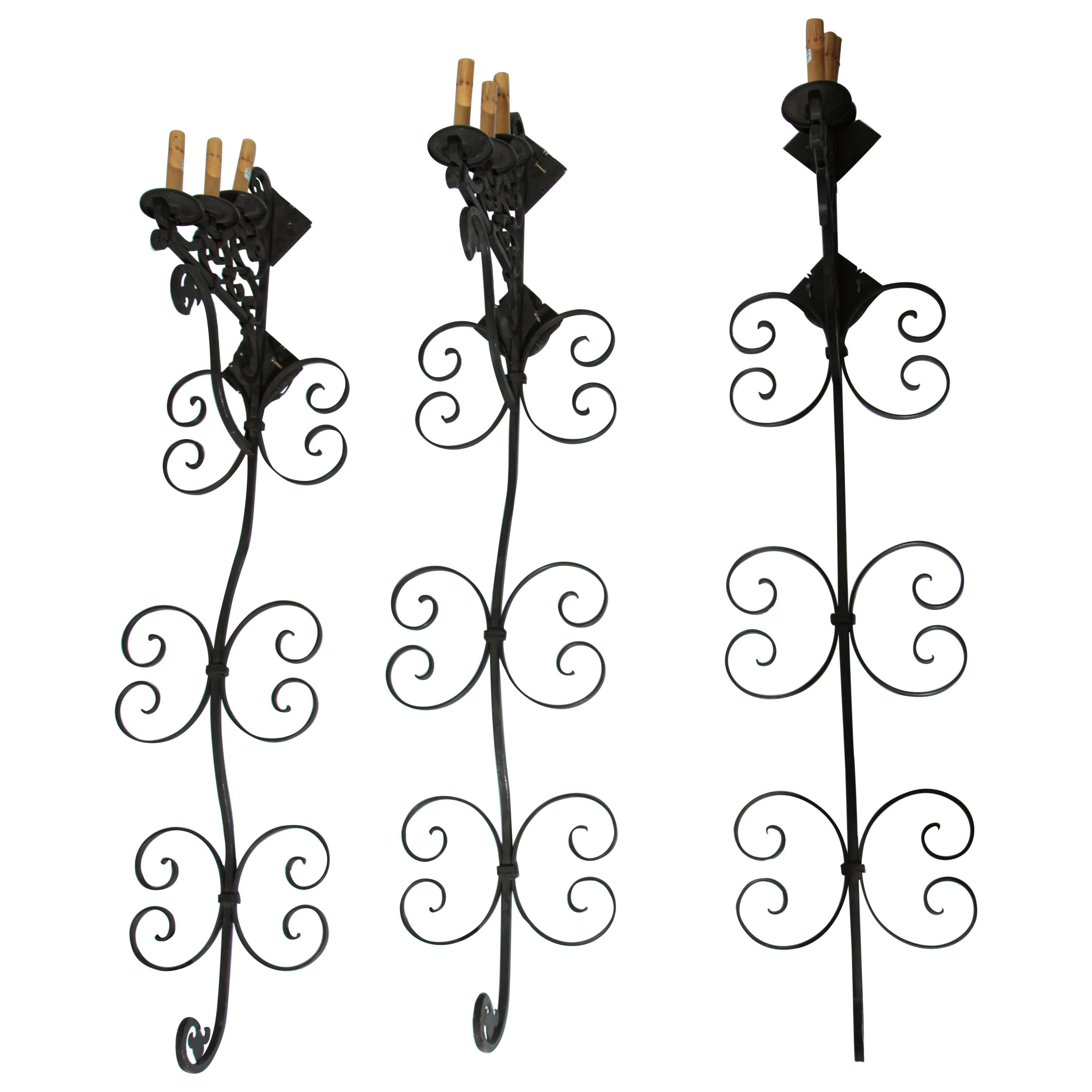 Set of Three Large Spanish Wrought Iron Wall Sconces with Three Lights