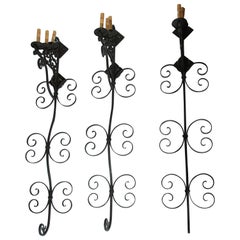 Vintage Set of Three Large Spanish Wrought Iron Wall Sconces with Three Lights