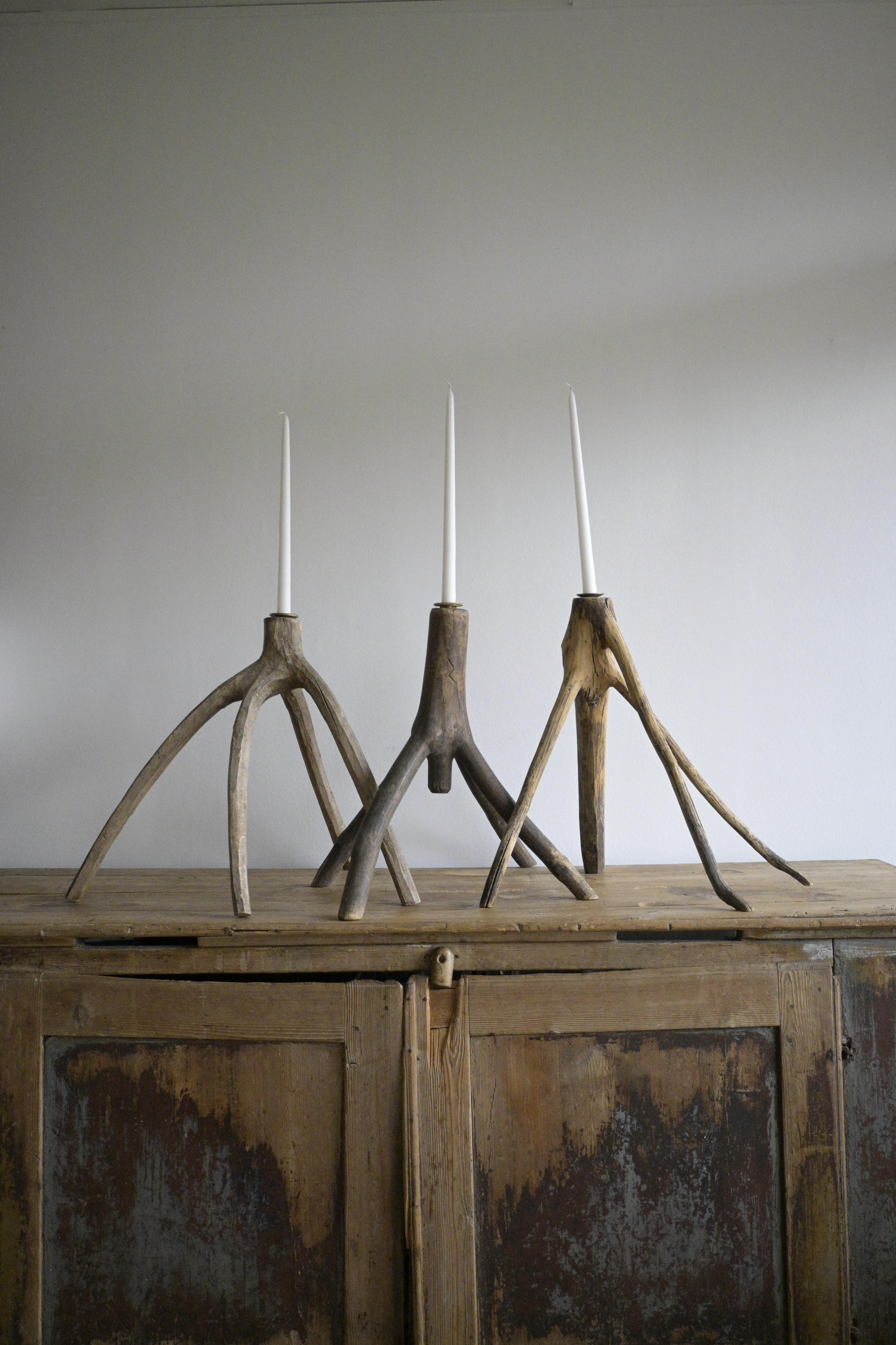 Hand-Carved Set of Three Large Swedish Candlesticks early 19th century For Sale
