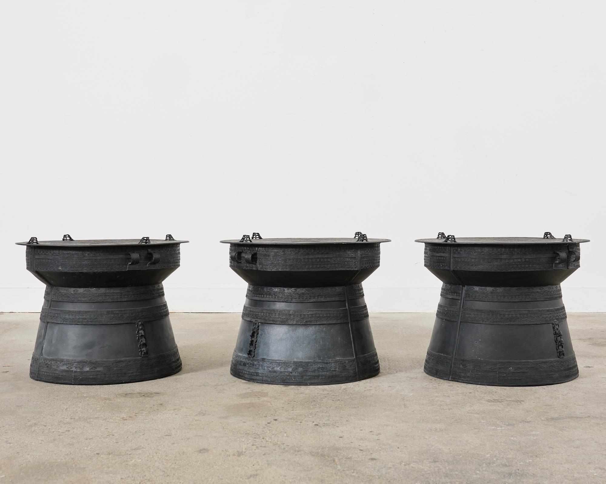 Tribal Set of Three Large Thai Metal Rain Drum Drink Tables