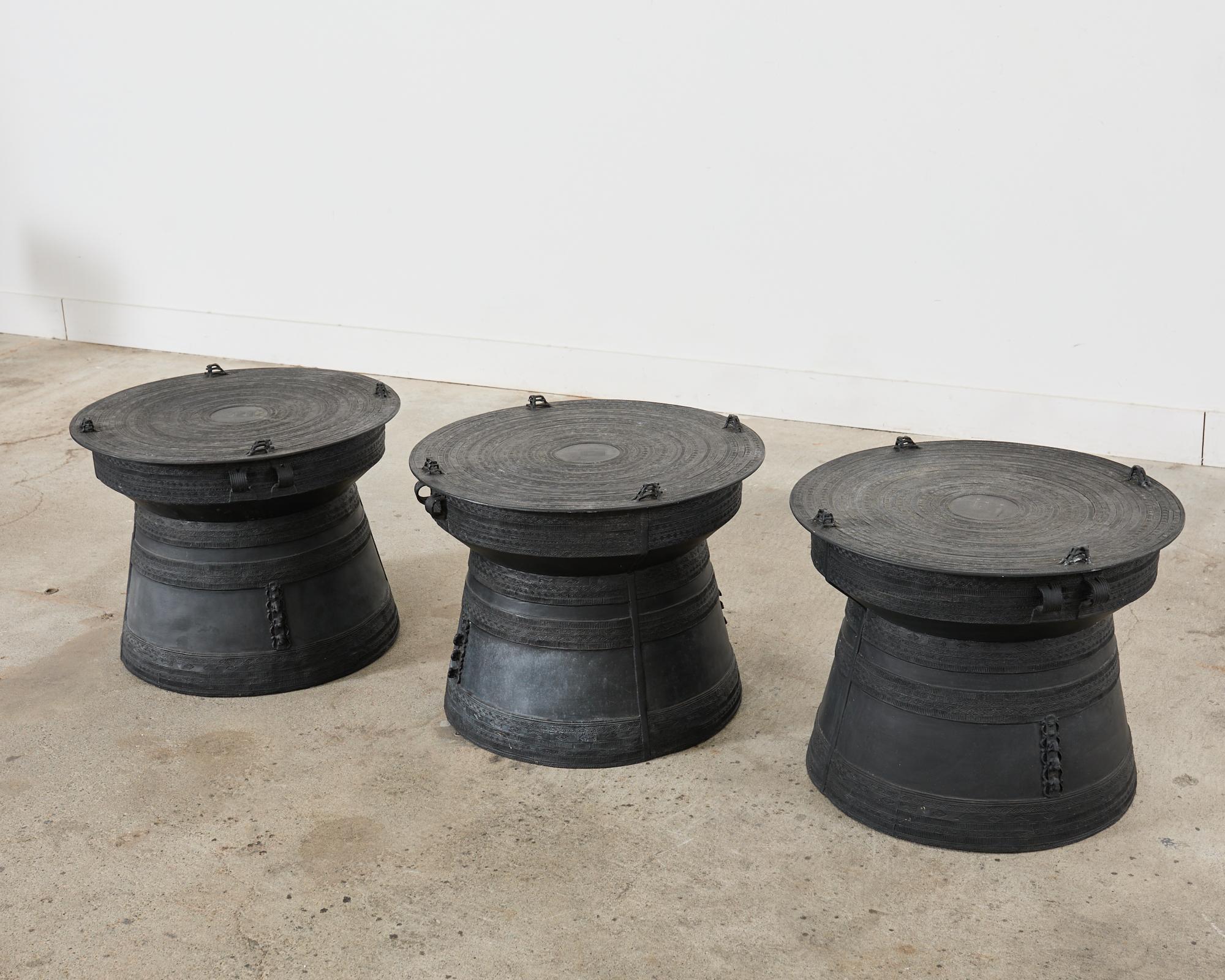 Cast Set of Three Large Thai Metal Rain Drum Drink Tables