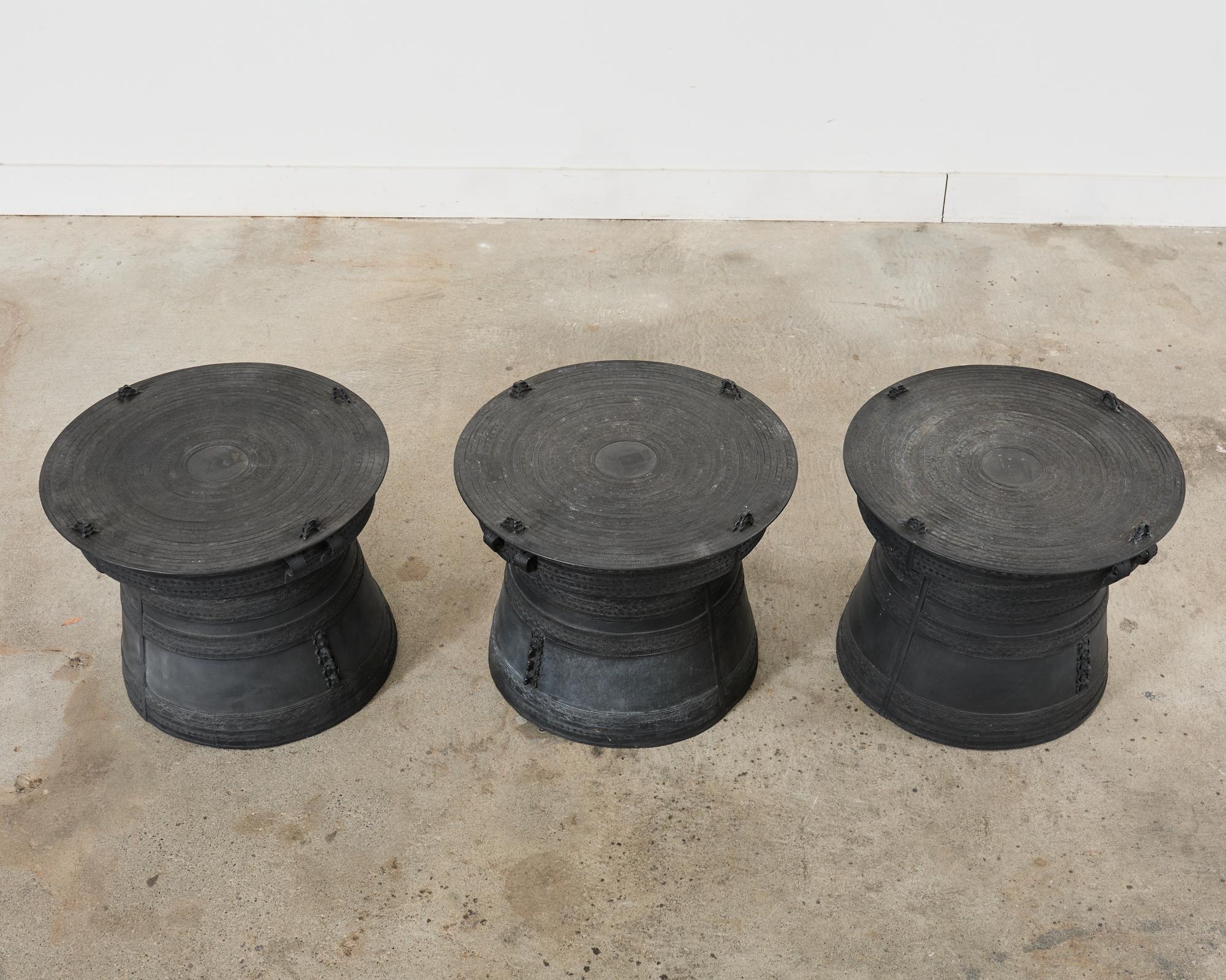 Set of Three Large Thai Metal Rain Drum Drink Tables In Good Condition In Rio Vista, CA