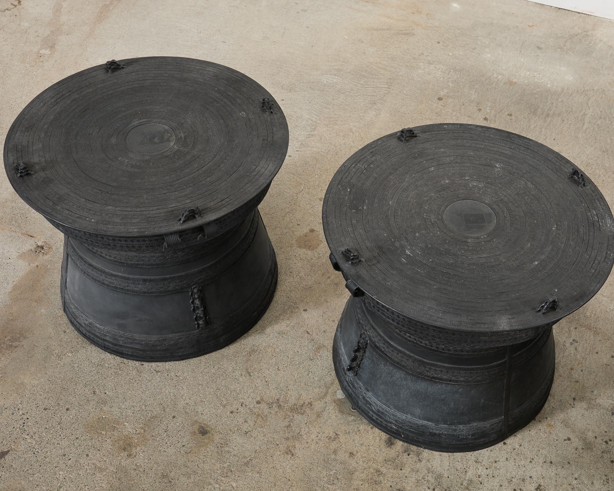 Contemporary Set of Three Large Thai Metal Rain Drum Drink Tables