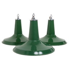Set of Three Large Used Industrial Green Factory Pendants by Thorlux