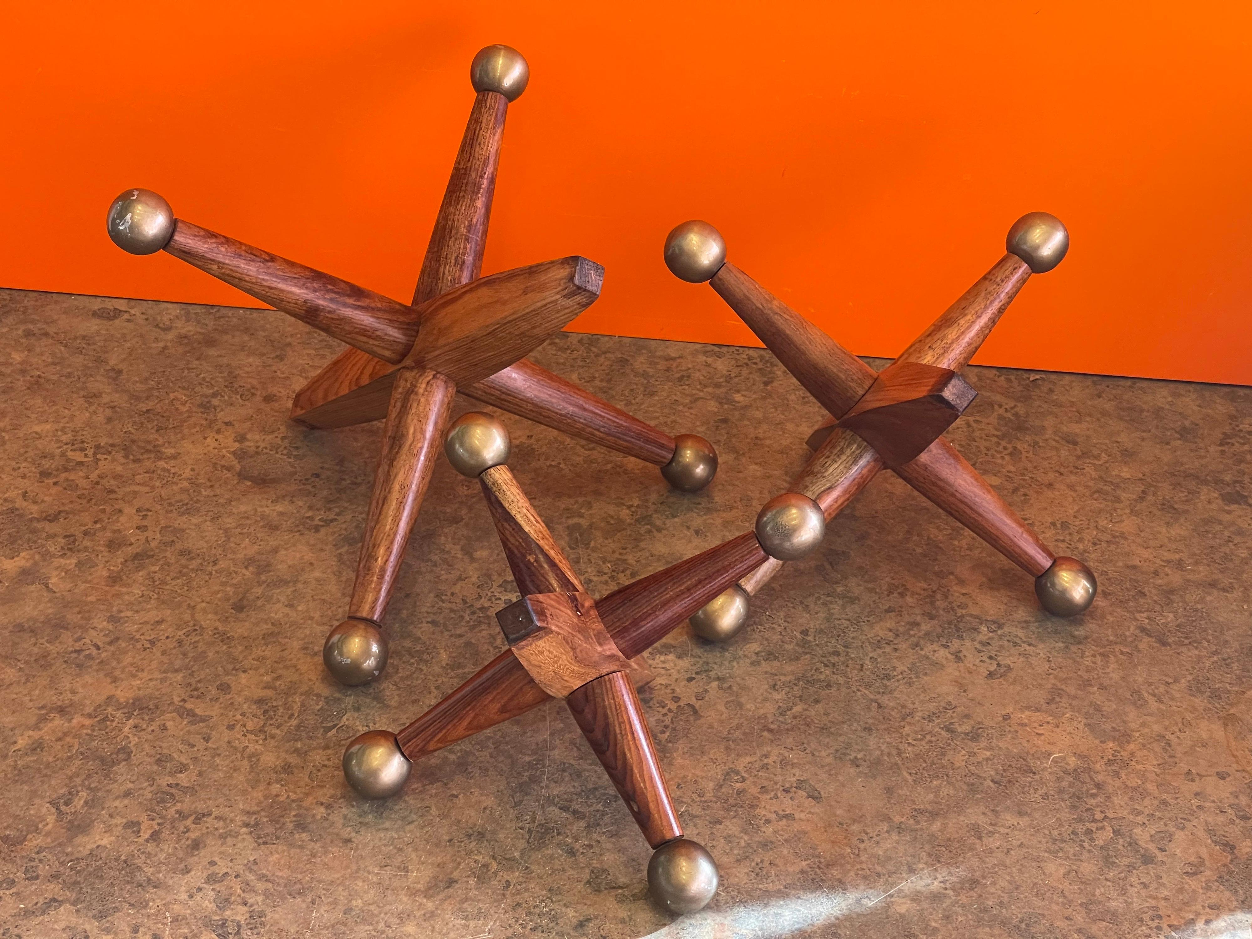 Set of Three Large Wood & Brass Atomic Jacks / Jax 2