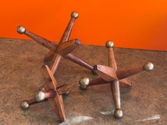Set of Three Large Wood & Brass Atomic Jacks / Jax