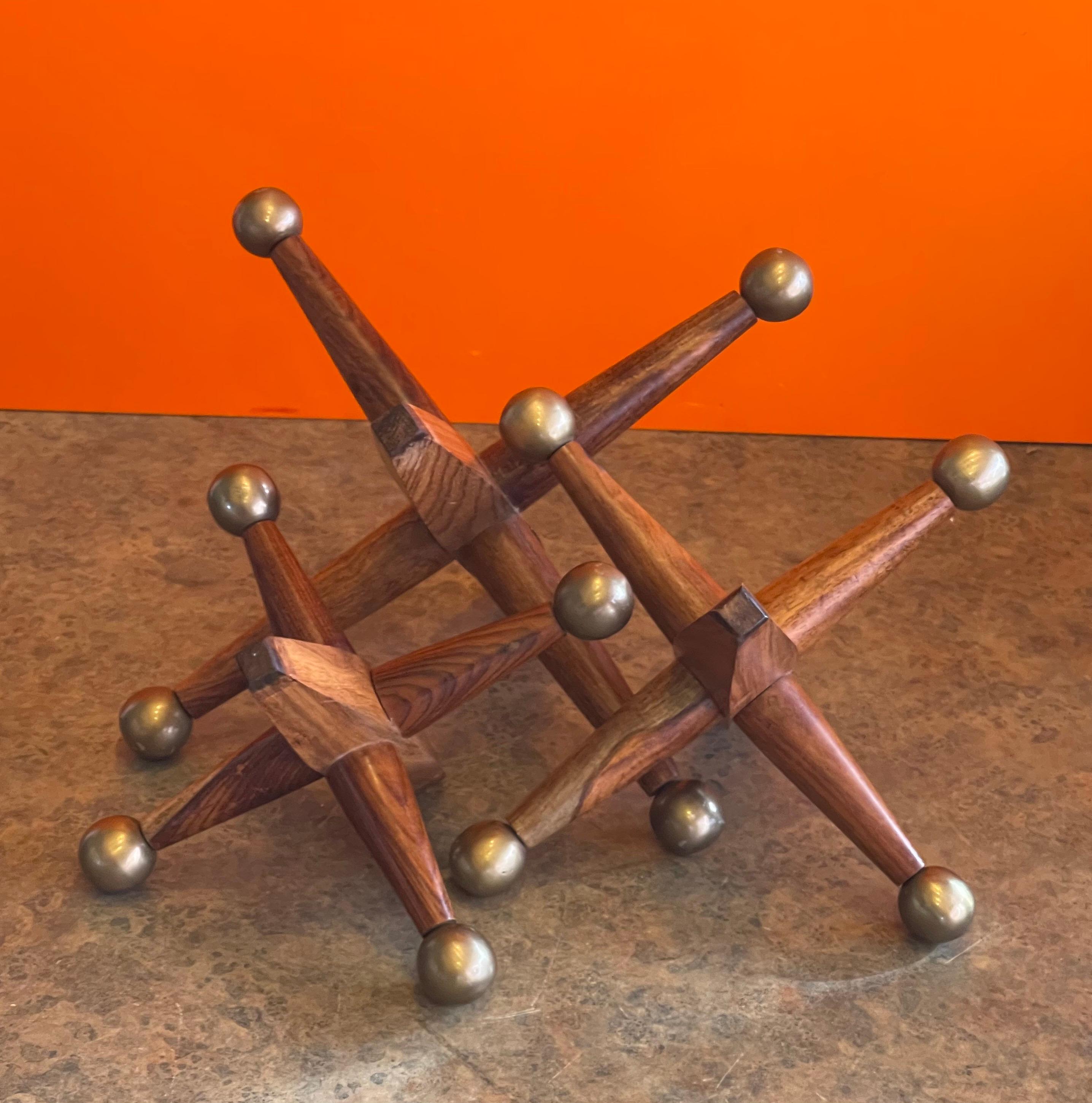 Mid-Century Modern Set of Three Large Wood & Brass Atomic Jacks / Jax