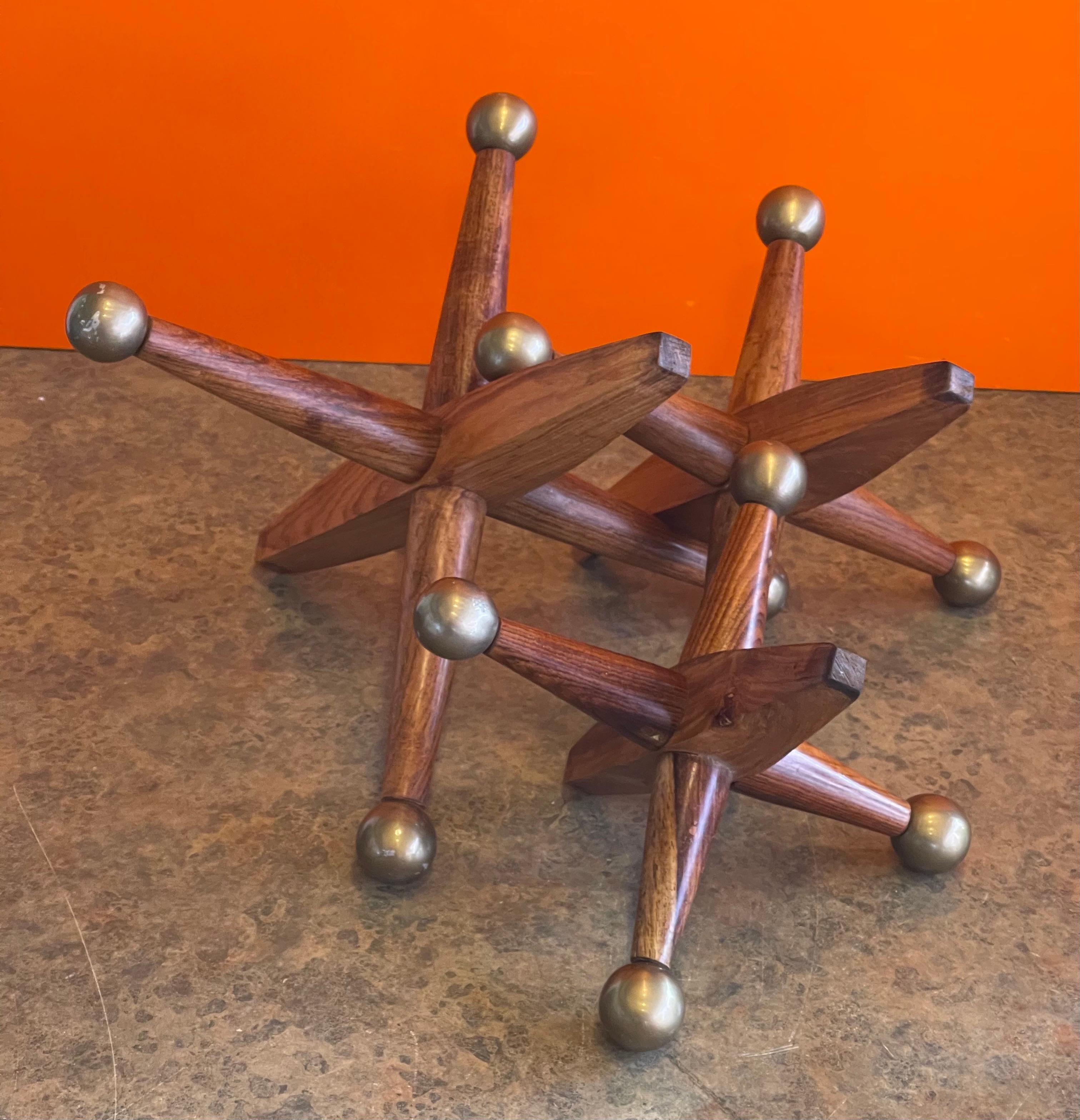 American Set of Three Large Wood & Brass Atomic Jacks / Jax