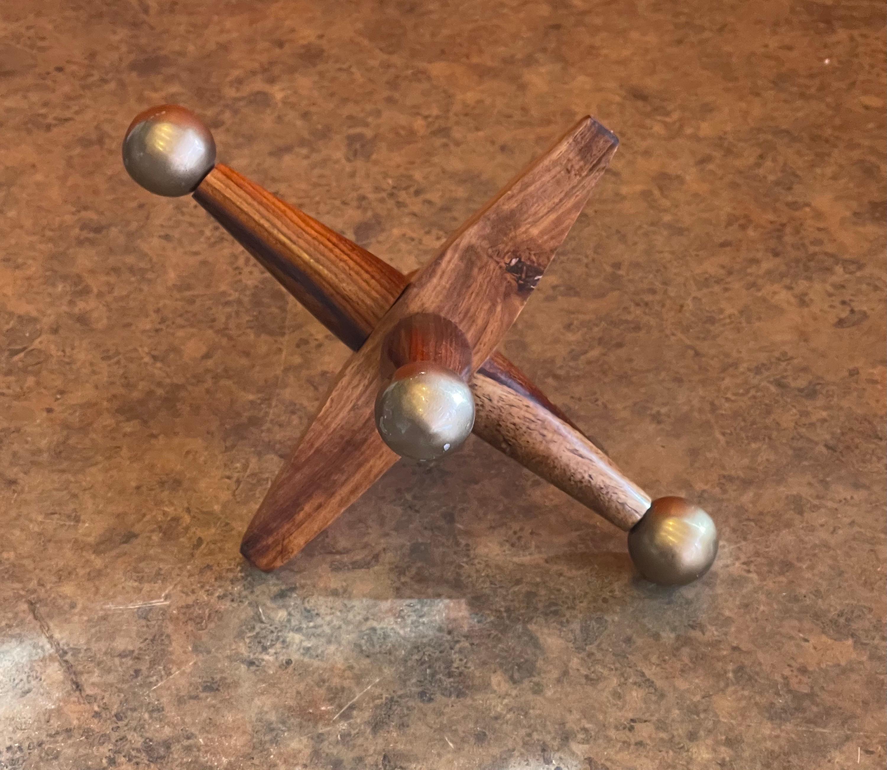 Set of Three Large Wood & Brass Atomic Jacks / Jax 1