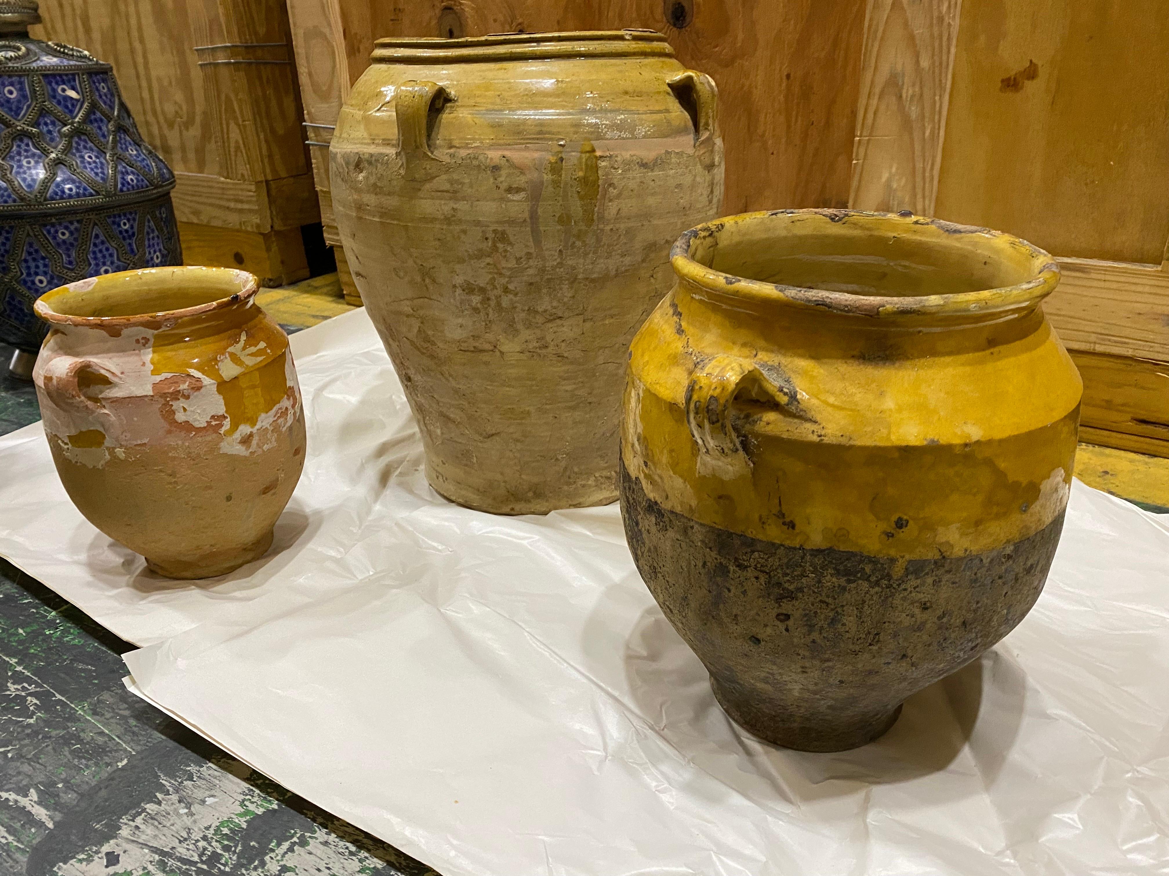 French Provincial Set of Three Late 19th C. French Provinical Terracotta Yellow Confit Pots