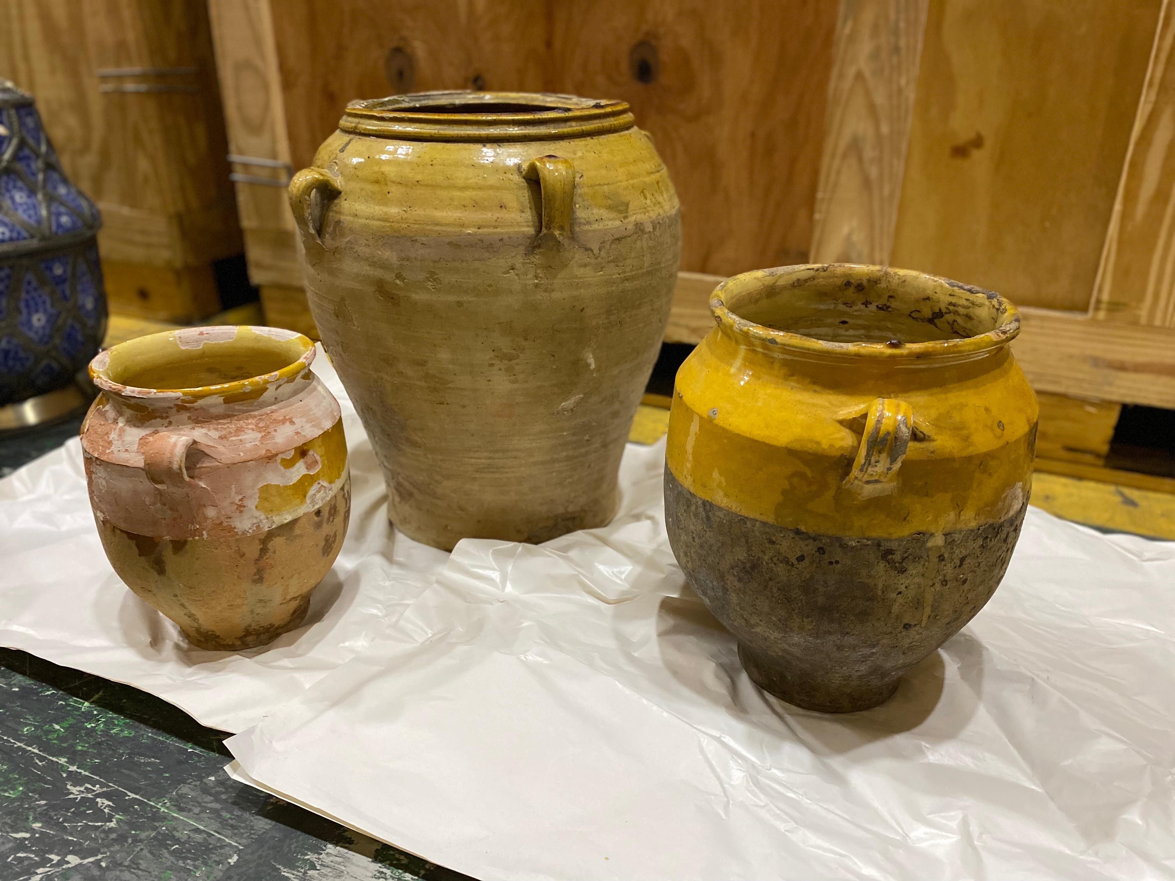 Glazed Set of Three Late 19th C. French Provinical Terracotta Yellow Confit Pots For Sale