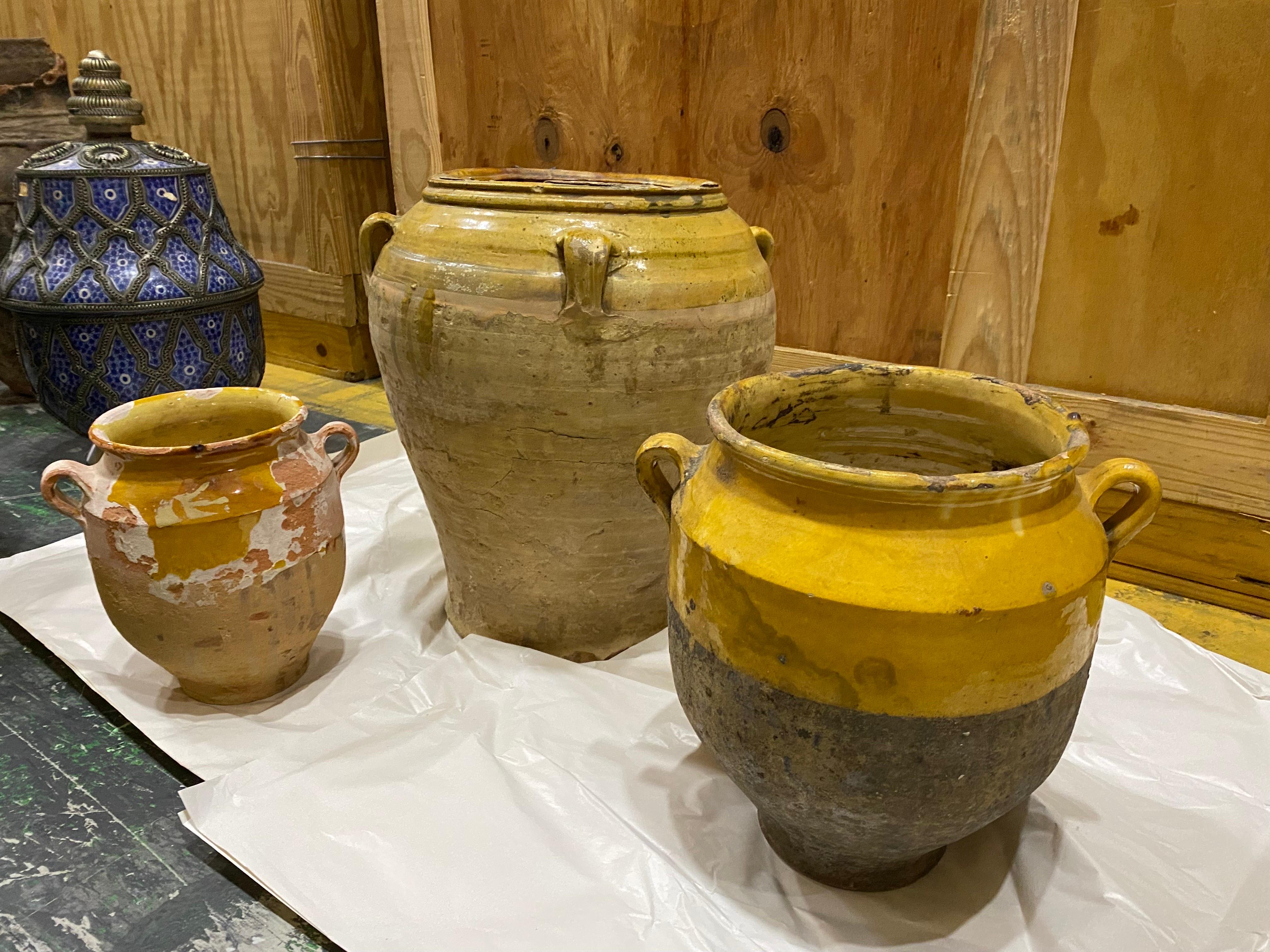 Set of Three Late 19th C. French Provinical Terracotta Yellow Confit Pots In Good Condition In Southampton, NY
