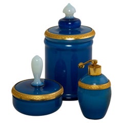 Set of Three Late 19th Century French Blue Opaline Vanity Bottles, Gilt Bronze