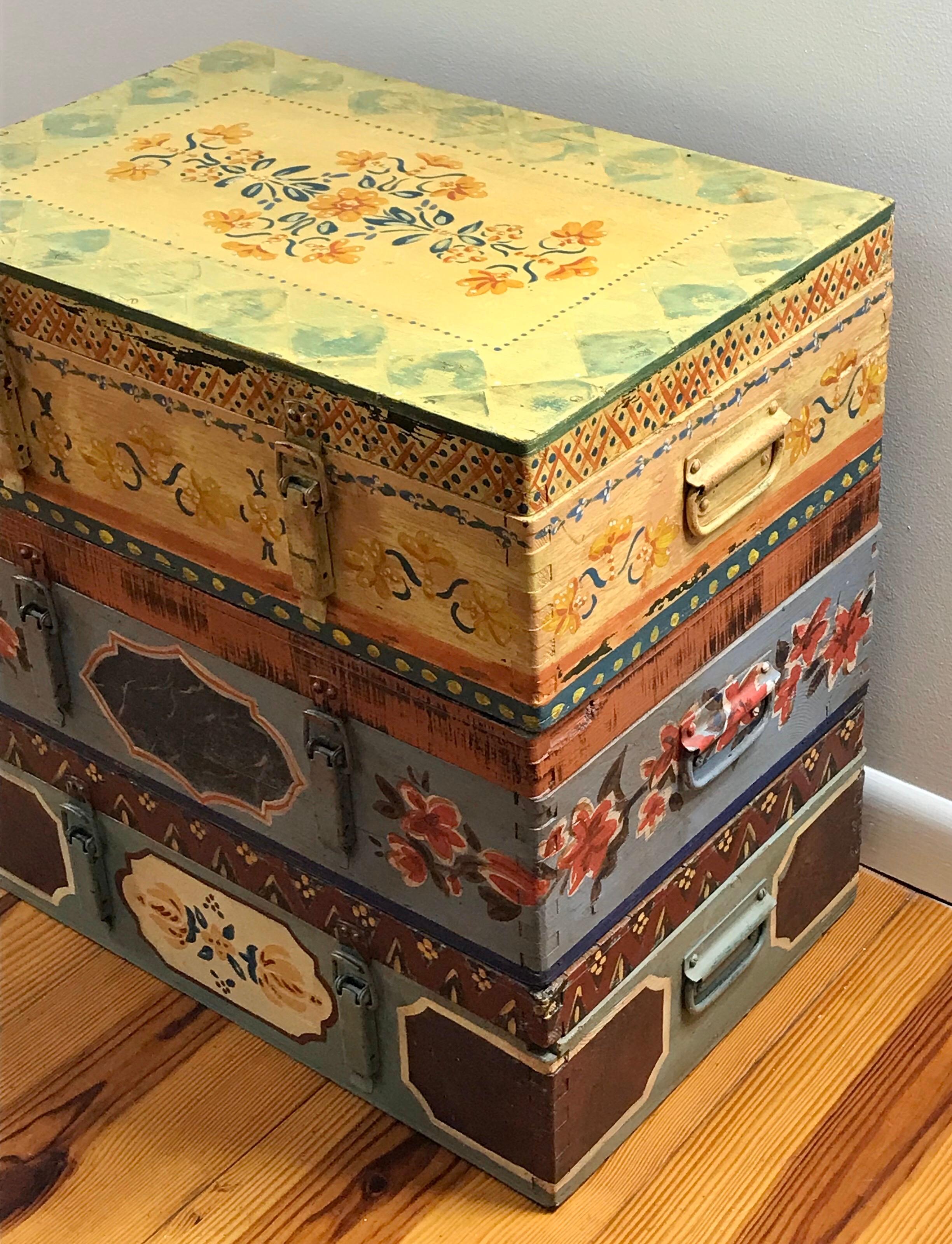 Arts and Crafts Set of Three Late 19th Century Hand Painted Folk Art Blanket Chests