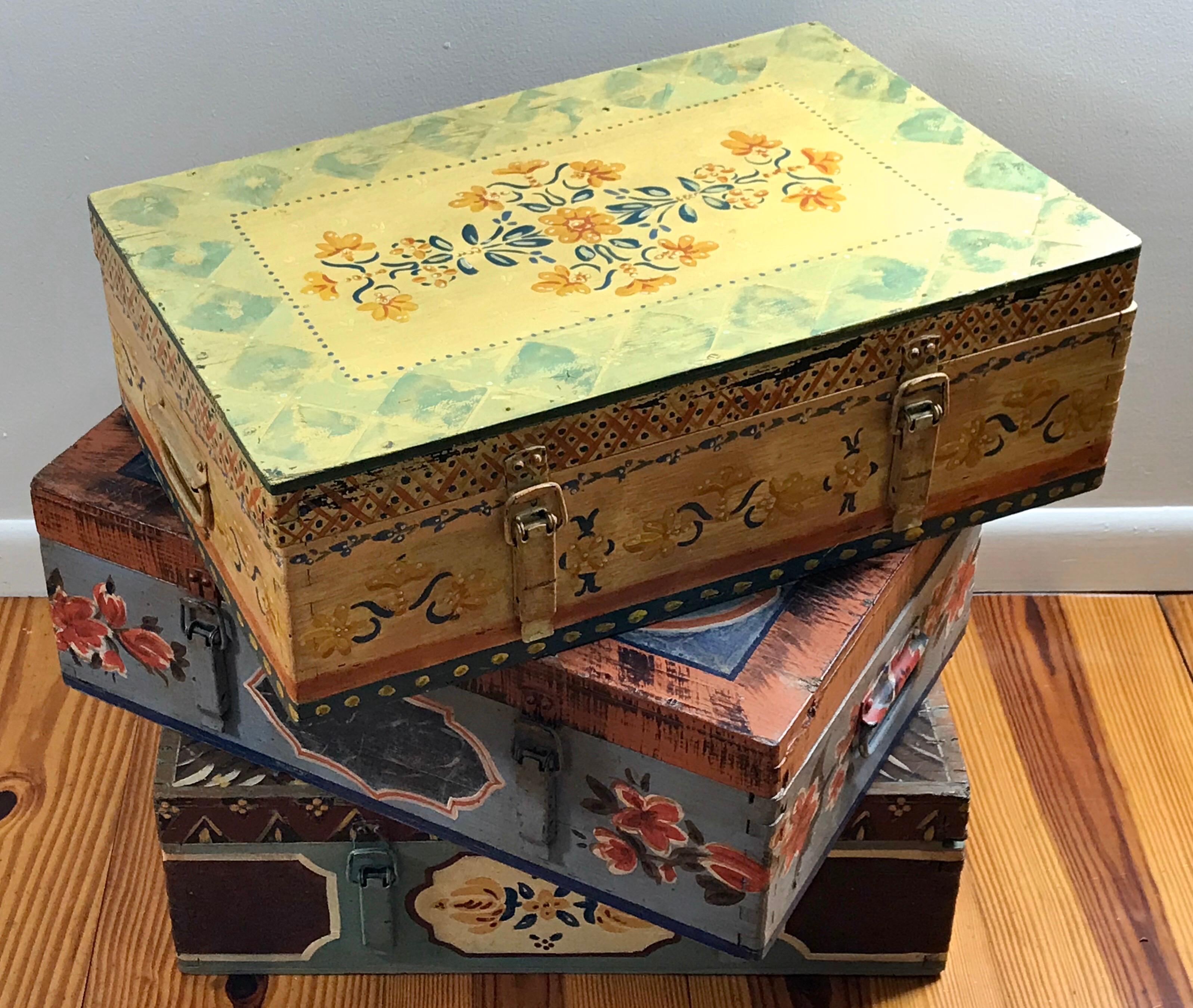 Set of Three Late 19th Century Hand Painted Folk Art Blanket Chests 1