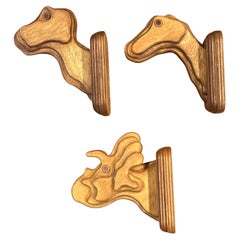 Set of Three Layered Wood Dinosaur Wall Hooks, R.A.S., 1993, Handmade USA