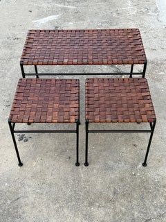 A Set Of Stools And Bench Wrought Iron Leather ca' 1980's Patina