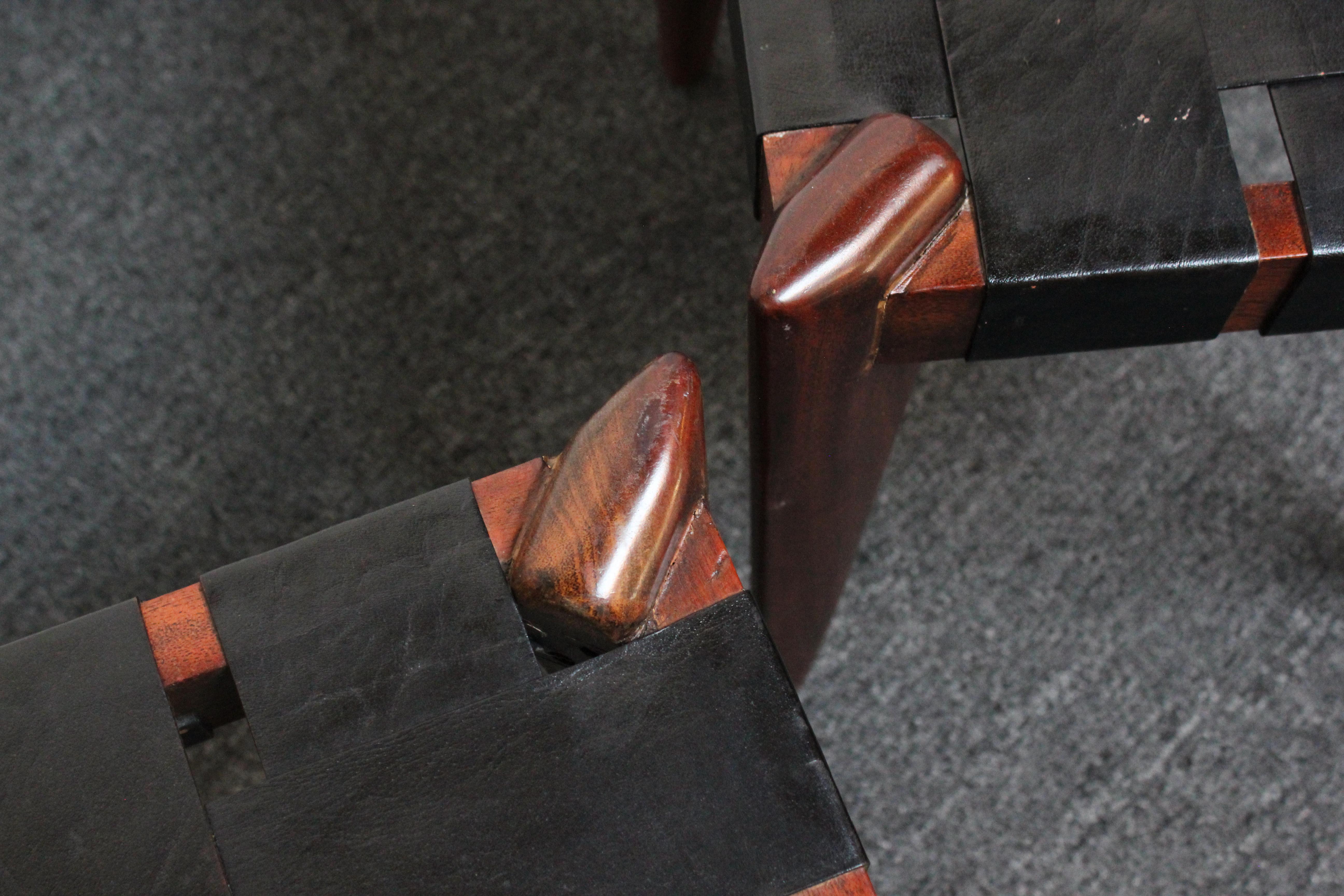 Set of Three Leather and Solid Stained Teak Stools by Edmond Spence For Sale 9